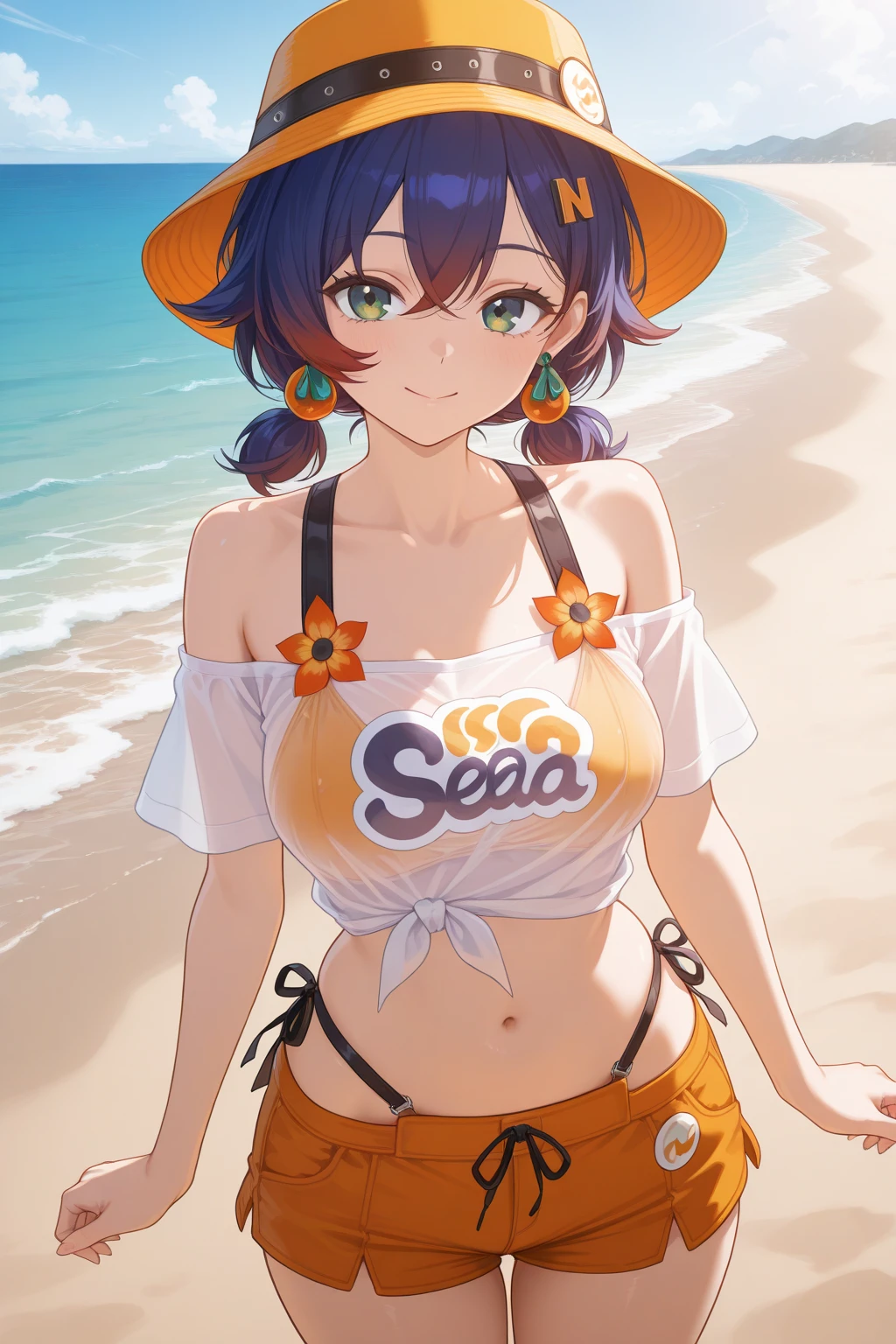 very awa, (vivid colors), detailed eyes, shining eyes, masterpiece, best quality, ultra-detailed, (8k), (hdr), (ultra-detailed), absurdres, looking at viewer, solo, 1girl, girl, outdoors, beach, day, smile, aabelle, green eyes, blue hair, short twintails, multicolored hair, bellebeach, bucket hat, earrings, swimsuit, white shirt, short sleeves, bare shoulders, off-shoulder shirt, see-through shirt, red flower, side-tie shirt, orange bikini, navel, orange shorts, short shorts, highleg bikini, bikini under clothes, ((standing, cowboy shot))