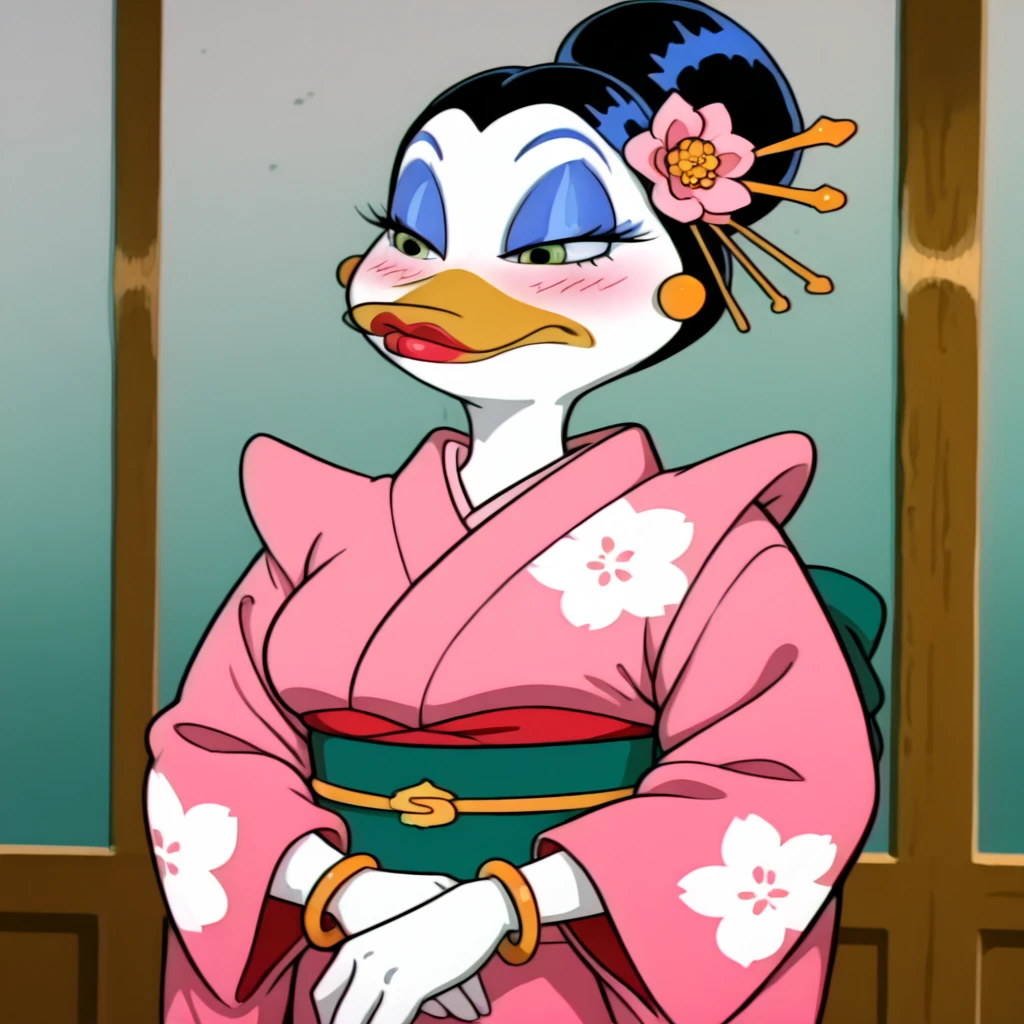 <lora:Vanderbucks_illustrious_v1:1> Vanderbucks, 1girl, makeup, jewelry, furry female, single hair bun, black hair, bracelet, medium breasts, blue eyeshadow, cowboy shot, mouth closed, lipstick,, japanese clothes, kimono, hair ornament, blush, hair flower, pink kimono, sash, obi, floral print, wide sleeves