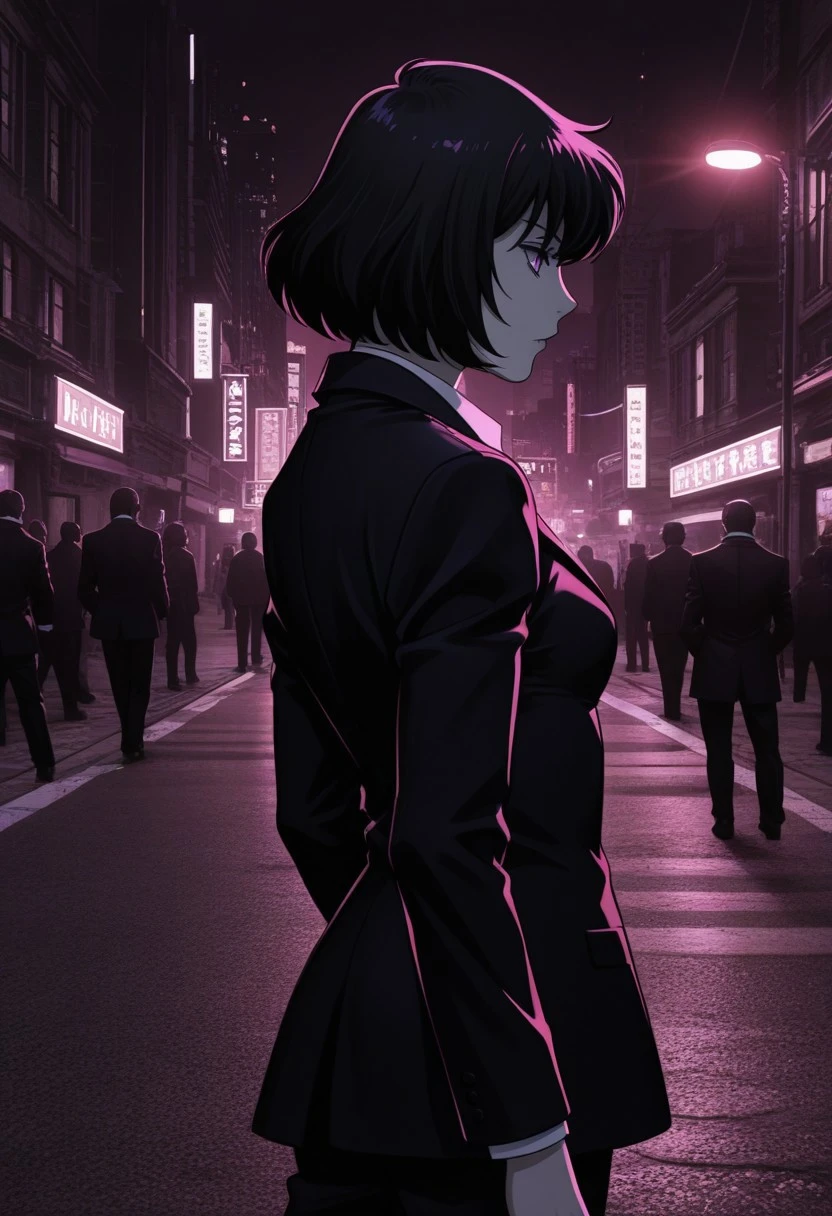 1girl, chain sumeragi, bob cut, black hair, purple eyes, pale skin, white shirt, black suit, side view, profile, standing pose, confident stance, city background, urban setting, night scene, street lights, atmospheric lighting, professional attire, mafia aesthetic, noir style, detailed shading