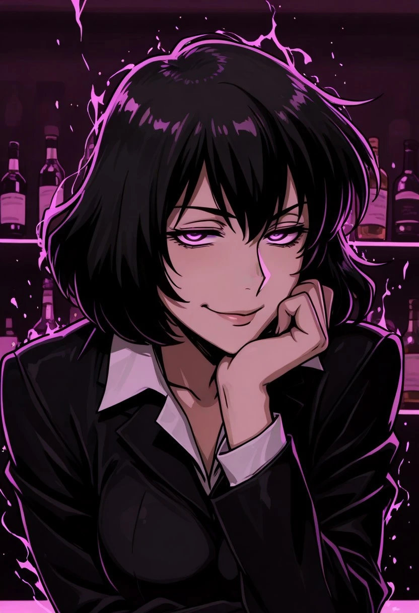 anime, 1girl, chain_sumeragi, bob cut, black hair, black suit, white shirt, purple eyes.
portrait.
bar background.
mature female.
vibrant colors, urban chaos, dynamic.
Seductive gaze, neon glow, Smoky bar, Mysterious aura, half-leaning pose, chin resting hand, relaxed slouch, looking at viewer, confident smirk, cold elegance, seductive eyes, seductive smile.
comic_style_noir