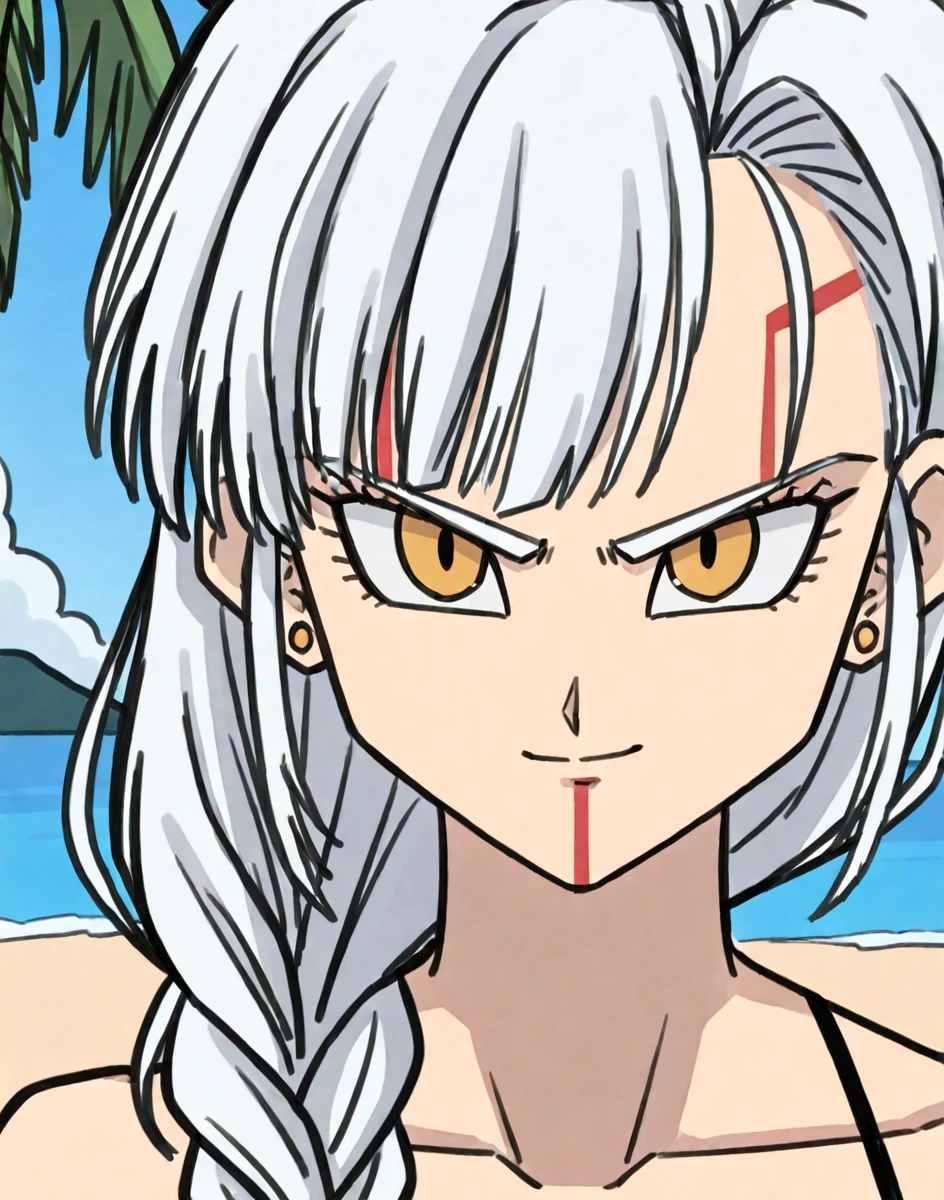score_9,score_8_up,score_7_up,high quality,detailled,high resolution,masterpiece,(beach, sand, outdoor, ocean, sunny, palm trees),
BREAK
face close up, looking at viewer, <lora:tuffles_transformation_dragon_ball_gt_:1>(eyes style 1, red stripes inside eyes,red facial marks, facial marks 1), yellow eyes,1girl, long hair, braid, white hair,