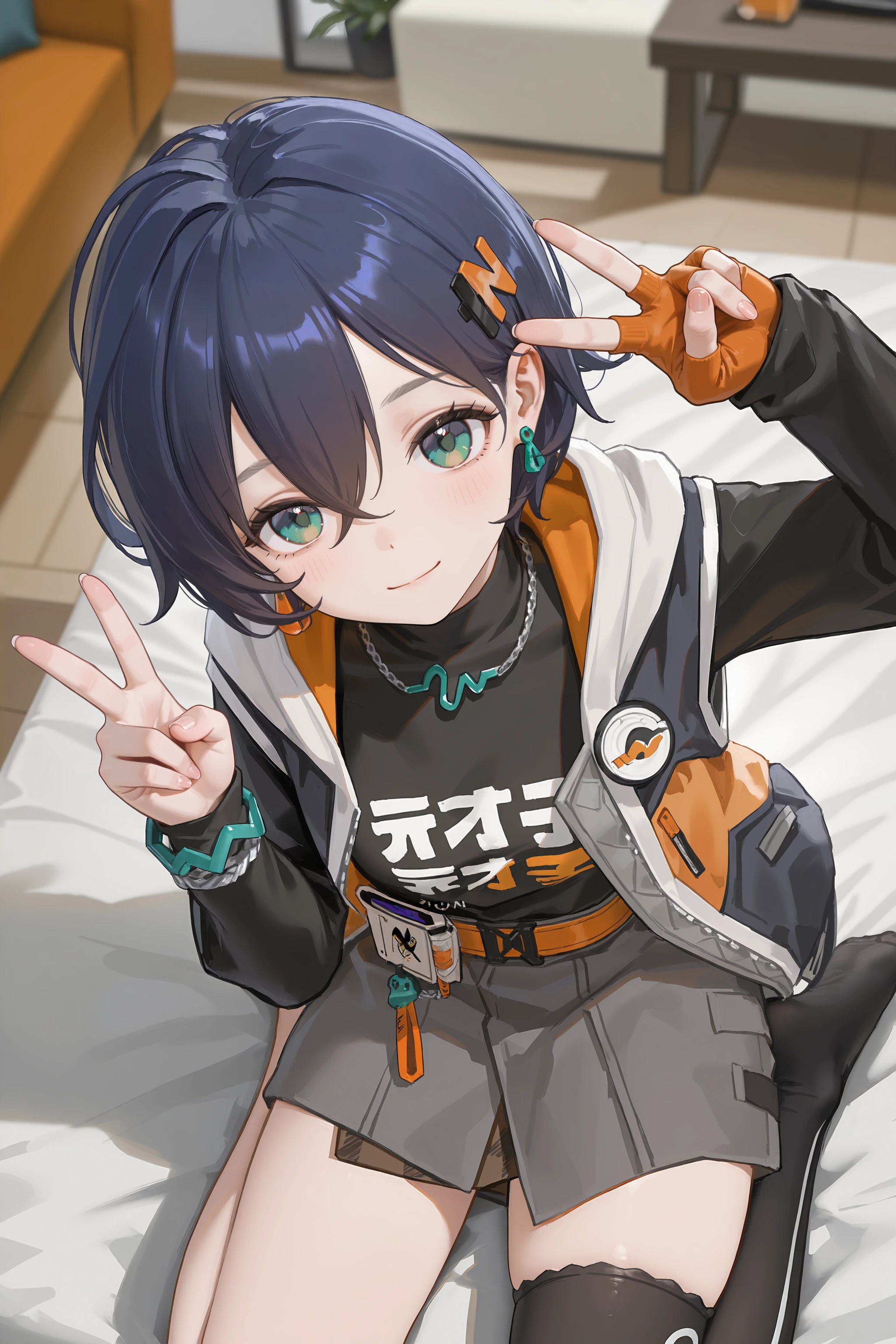 1girl, belle \(zenless zone zero\), solo, letter hairclip, earrings, necklace, black shirt, sleeveless hooded jacket, single fingerless glove, single fingerless glove, bracelet, grey layered skirt, single black thighhigh, cowboy shot, wariza, sitting, from above, double v, light smile, looking at viewer, living room, depth of field <lora:Char-ZZZ-Belle-V2-IL:0.9:hr=0.6>, (fkey:0.5), (fuzichoco:0.6), ningen mame, sho lwlw, (rhasta:0.9), (wlop:0.7), (ke-ta:0.6), chen bin, (hyouuma:0.8)
masterpiece, best quality, amazing quality, very aesthetic, absurdres, newest, (scenery, volumetric lighting)