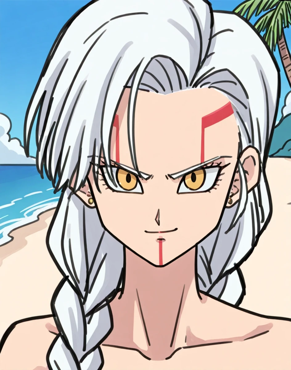 score_9,score_8_up,score_7_up,high quality,detailled,high resolution,masterpiece,(beach, sand, outdoor, ocean, sunny, palm trees),
BREAK
face close up, looking at viewer, <lora:tuffles_transformation_dragon_ball_gt_:1>(eyes style 1, red stripes inside eyes,red facial marks, facial marks 1), yellow eyes,1girl, long hair, braid, white hair,