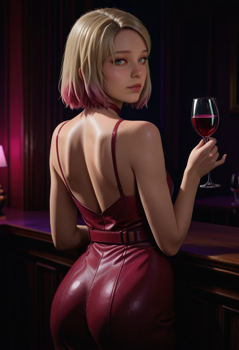very awa, masterpiece, best quality, absurdres, newest, perfect quality, detailed background, intricate details
<lora:ILSH2RMaria:1>
SH2RMaria, 1girl, blue eyes, blonde hair, pink hair, gradient hair, short hair, realistic, looking at viewer, in red luxury attire, holding a glass of wine, from behind looking back, bare shoulders, dark room, bar