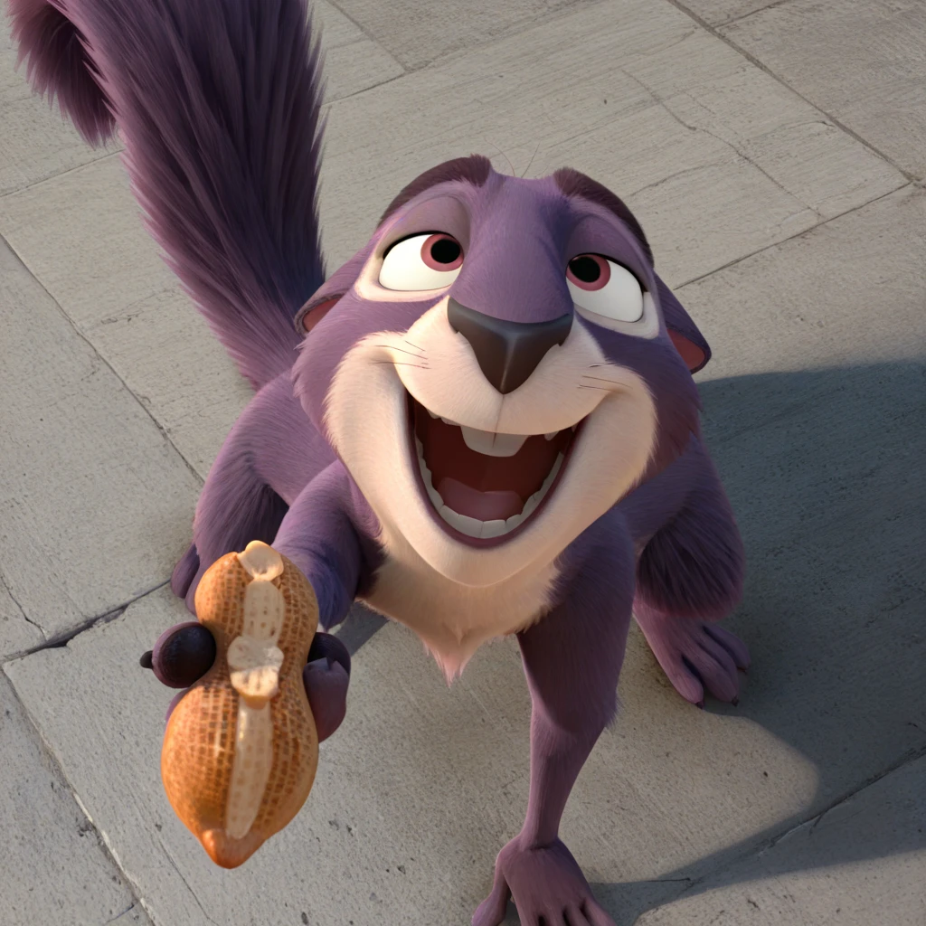 <lora:Surly_Squirrel_Nut_Job_-_Illustrious:1> Surly, 1boy, 3d, all fours, looking up, from above, open smile, eyes half closed, holding object, peanut, offering object to viewer, masterpiece, concrete,