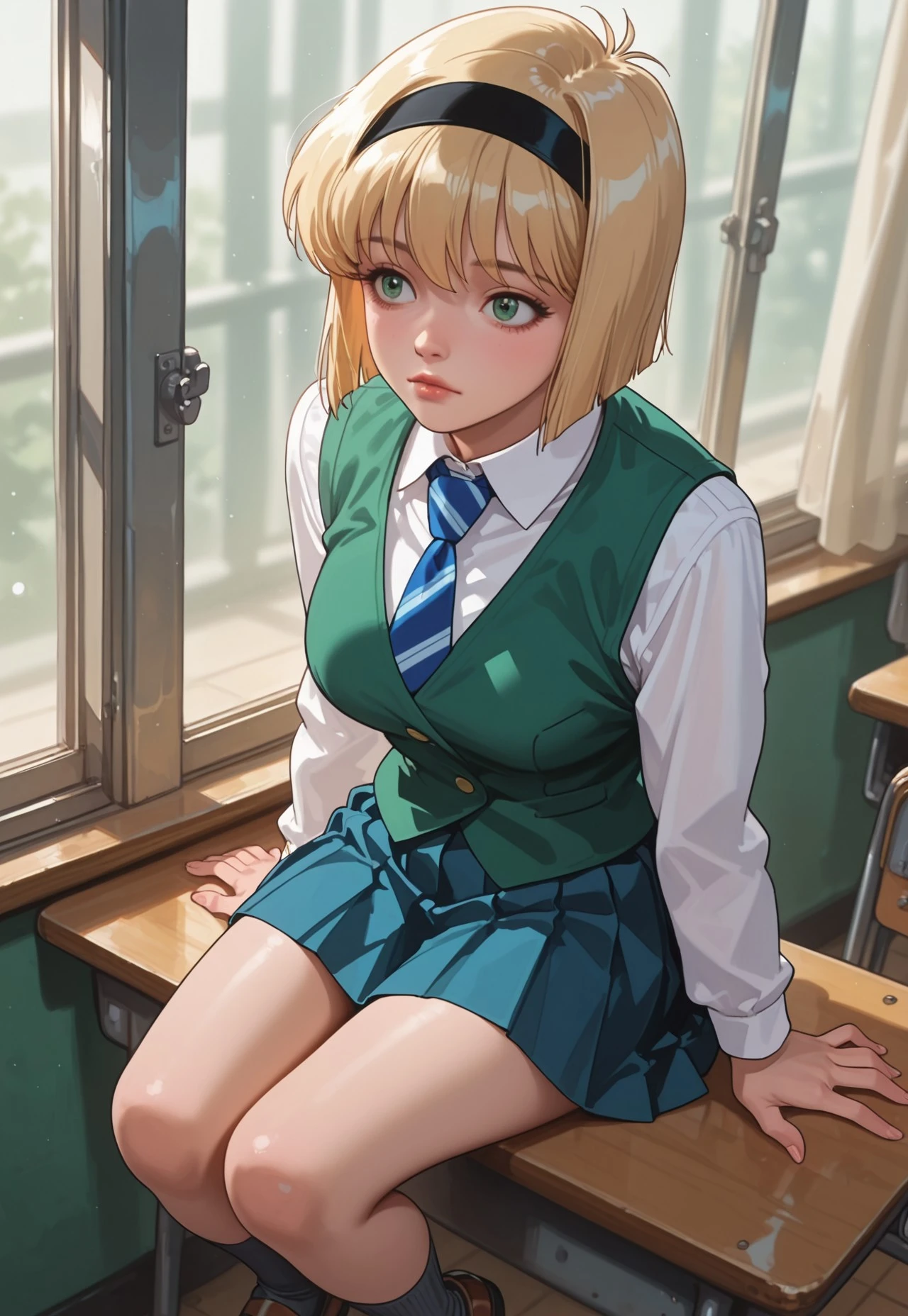 (fine fabric emphasis:1.2), (((masterpiece, amazing quality, best quality, ultra-detailed, 8K, illustration, amazing quality, newest, absurdres, realistic))), highres, very aesthetic, absurd res, hi res, very awa, dynamic angle, refined, volumetric lighting, cinematic lighting, blurry background, close up vivid colors, ((source_realistic:1.6)), hyper detailed depth of field,
BREAK,
1girl, Miki Hosokawa (/Jigoku Sensei Nube)/, (ultra HD quality details), blonde hair, (green eyes), beautiful face, short hair, black hairband,
school uniform_1, sleeveless vest, green vest, two buttoned vest, collared shirt, white shirt, long sleeve shirt, blue necktie, blue diagonal striped neck tie, pleated skirt, blue skirt, dark gray socks, brown loafers, brown shoes,
BREAK,
anime, 90s anime style, female character, sitting on windowsill, legs together, hands resting behind for support, looking forward, neutral expression, classroom background