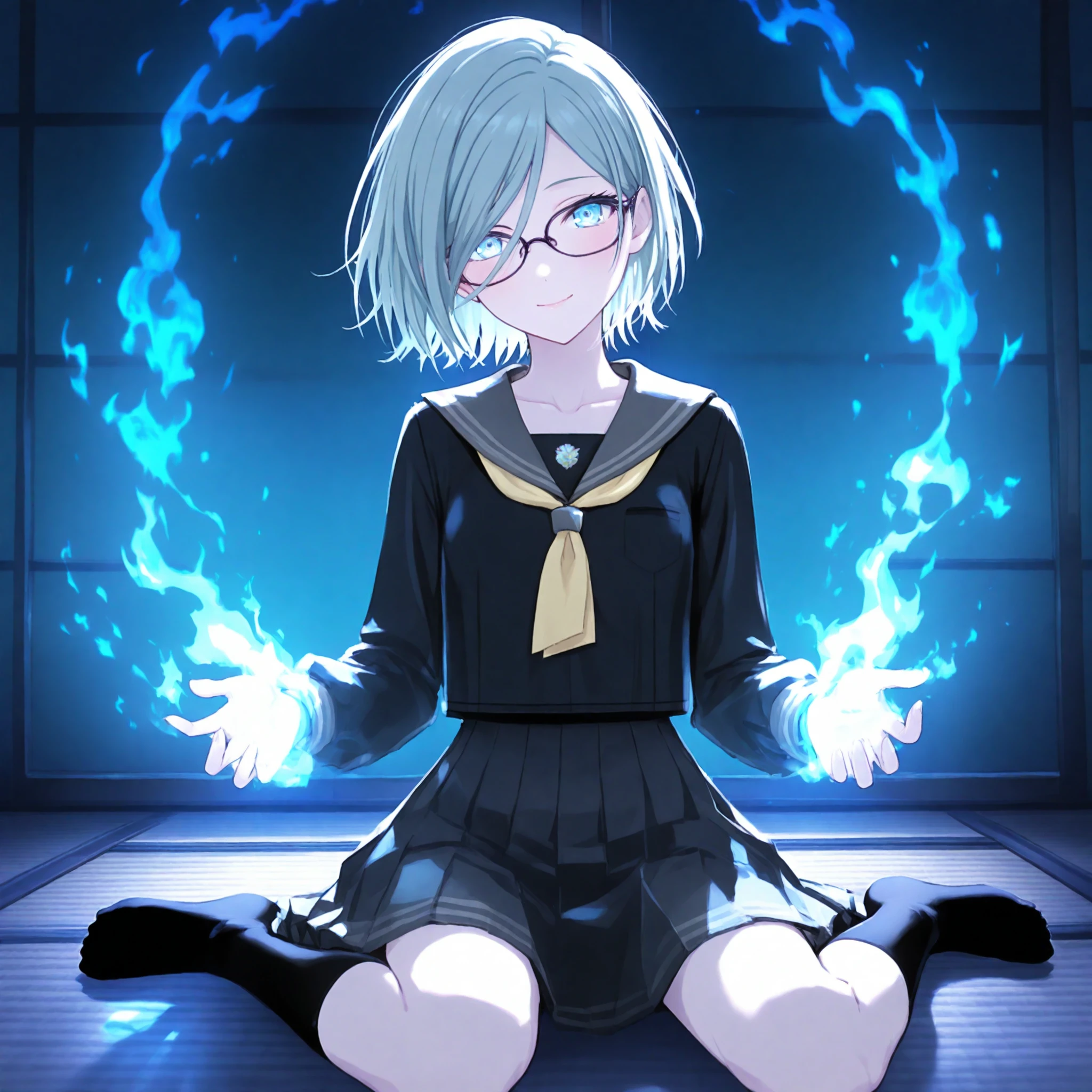 nijistyle, 1girl, hinomori shizuku, project sekai, solo,
zashikisz, light blue eyes, detailed eyes, short hair, four fingers and thumb,
sitting on tatami, wariza, cowboy shot,
looking at viewer, light smile, head tilt, hands on knees,
black serafuku, yellow neckerchief, black skirt, black socks, no shoes,
midnight, dark, glowing, spooky, dark atmosphere, blue glowing will-o'-the-wisp, glowing blue flame,
masterpiece, best quality, amazing quality, very aesthetic, highres, ultra detailed,
<lora:hand 5.5:1>, <lora:ObIL-style-nijistyle02:0.8>, <lora:ObIL-mmj-ZashikiWarashi01:0.6>
