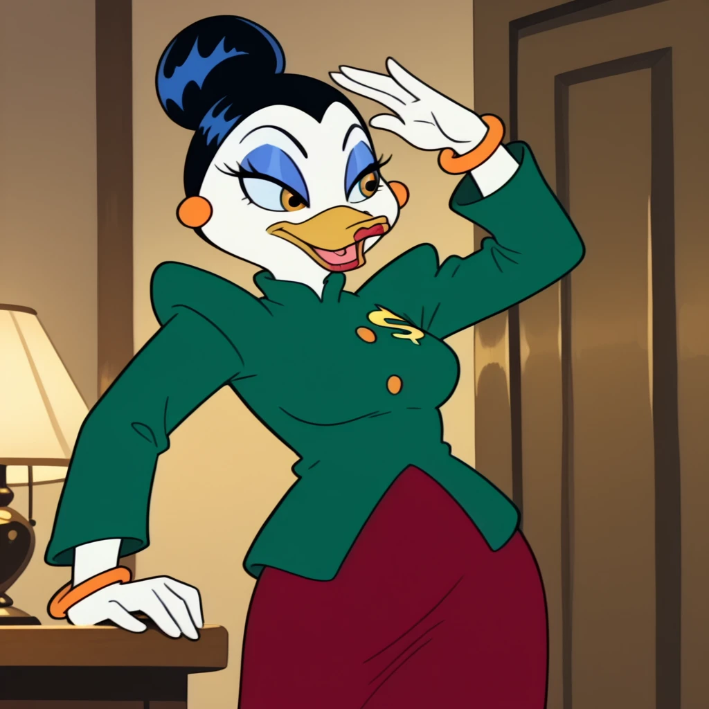 <lora:Vanderbucks_illustrious_v1:.8>  Vanderbucks, 1girl, red skirt, makeup, jewelry, furry female, single hair bun, black hair, bracelet, medium breasts, blue eyeshadow, long sleeves,green shirt