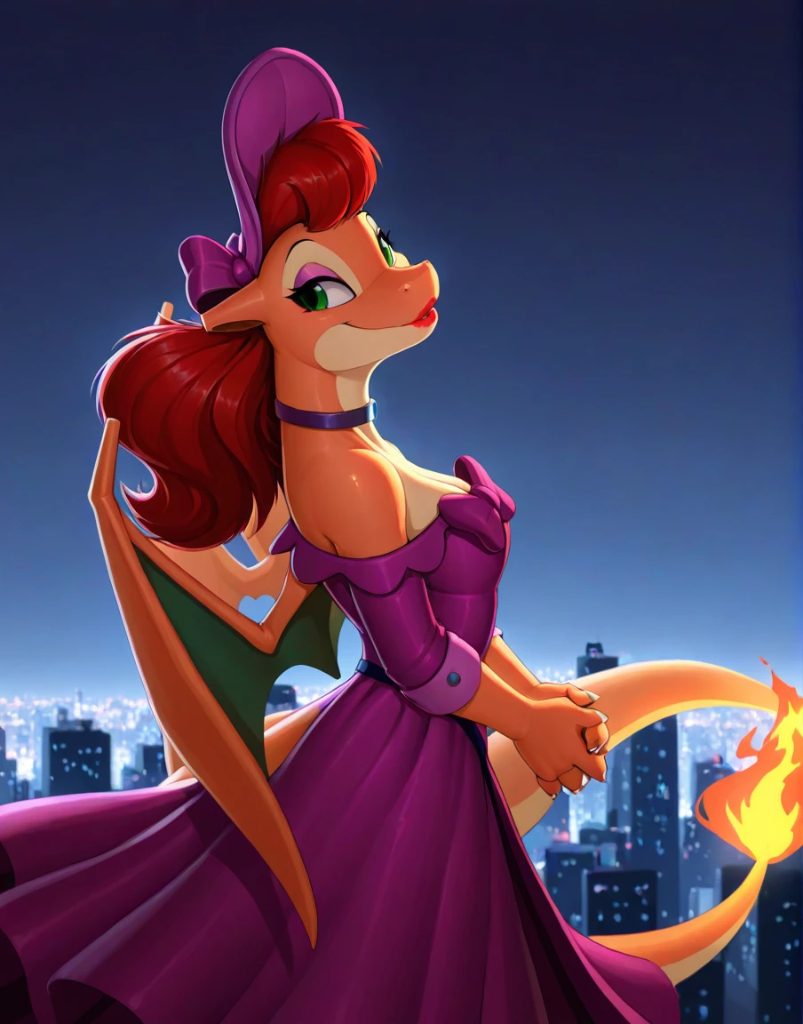 masterpiece,best quality,amazing quality, absurdres, solo, city skyline,
miss kitty, charizard, female, anthro, generation 1 pokemon, scalie, green eyes, red hair, cloak, bonnet, bow, lipstick shoulders , collar, closed mouth, smile, hands together, side view,
by cydonia xia,by drakonst,by jay naylor, <lora:MissKittyXL_053-Illus-nd32-na32-lr1-b2-ep08:1>