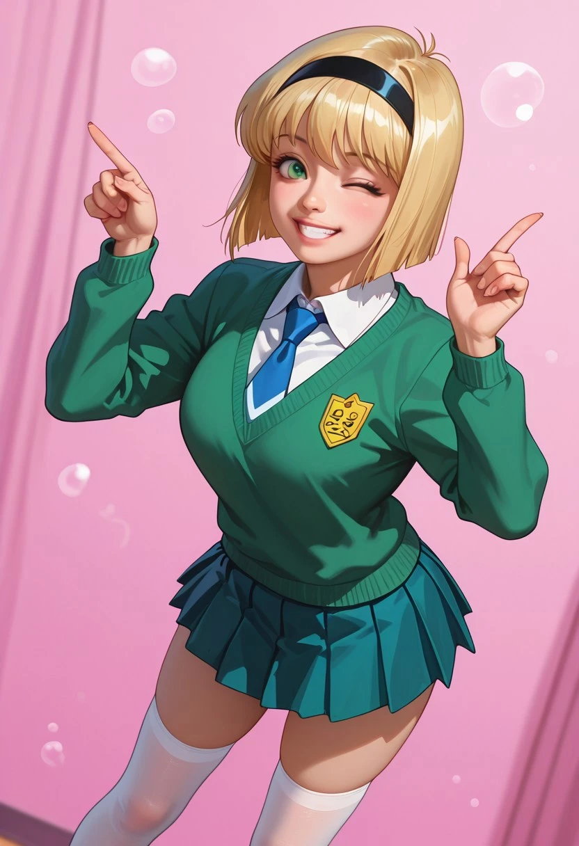 (fine fabric emphasis:1.2), (((masterpiece, amazing quality, best quality, ultra-detailed, 8K, illustration, amazing quality, newest, absurdres, realistic))), highres, very aesthetic, absurd res, hi res, very awa, dynamic angle, refined, volumetric lighting, cinematic lighting, blurry background, close up vivid colors, ((source_realistic:1.6)), hyper detailed depth of field,
BREAK,
1girl, Miki Hosokawa (/Jigoku Sensei Nube)/, (ultra HD quality details), blonde hair, (green eyes), beautiful face, short hair, black hairband,
school uniform_2, green long-sleeve sweater, white shirt collar, blue necktie, pleated miniskirt, pink, purple, white lines, white knee-high socks
BREAK,
anime, 90s anime style, winking, smiling, cheerful expression, raised index finger, pointing upward, upper body shot, pink bubble background, cute pose, energetic