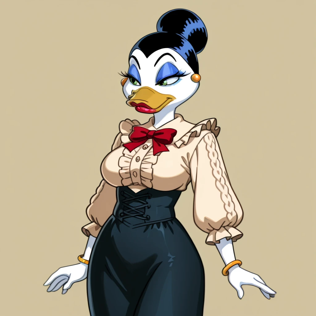 <lora:Vanderbucks_illustrious_v1:.8> Vanderbucks, 1girl, makeup, jewelry, furry female, single hair bun, black hair, bracelet, medium breasts, blue eyeshadow, cowboy shot, lipstick, <lora:virgin-killer-outfit-illustriousxl-lora-nochekaiser:1> virgin killer outfit, meme attire, high-waist skirt, center frills, frilled shirt, underbust, aran sweater, frilled shirt collar, red bowtie, frills, skirt,