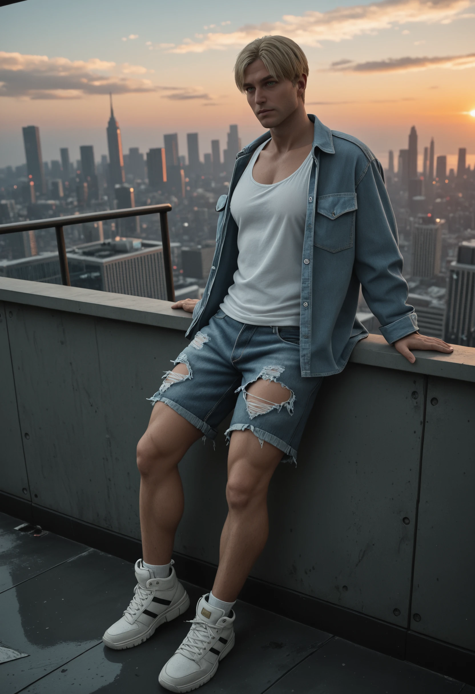 very awa, masterpiece, best quality, absurdres, newest, perfect quality, detailed background, intricate details
<lora:ILSH2RJames:1.0>
SH2RJames, 1boy, male focus, short hair, blonde hair, green eyes, Oversized denim shirt, white tank top, ripped shorts, and slip-on sneakers, Futuristic city skyline at sunset, epic sci-fi vibe