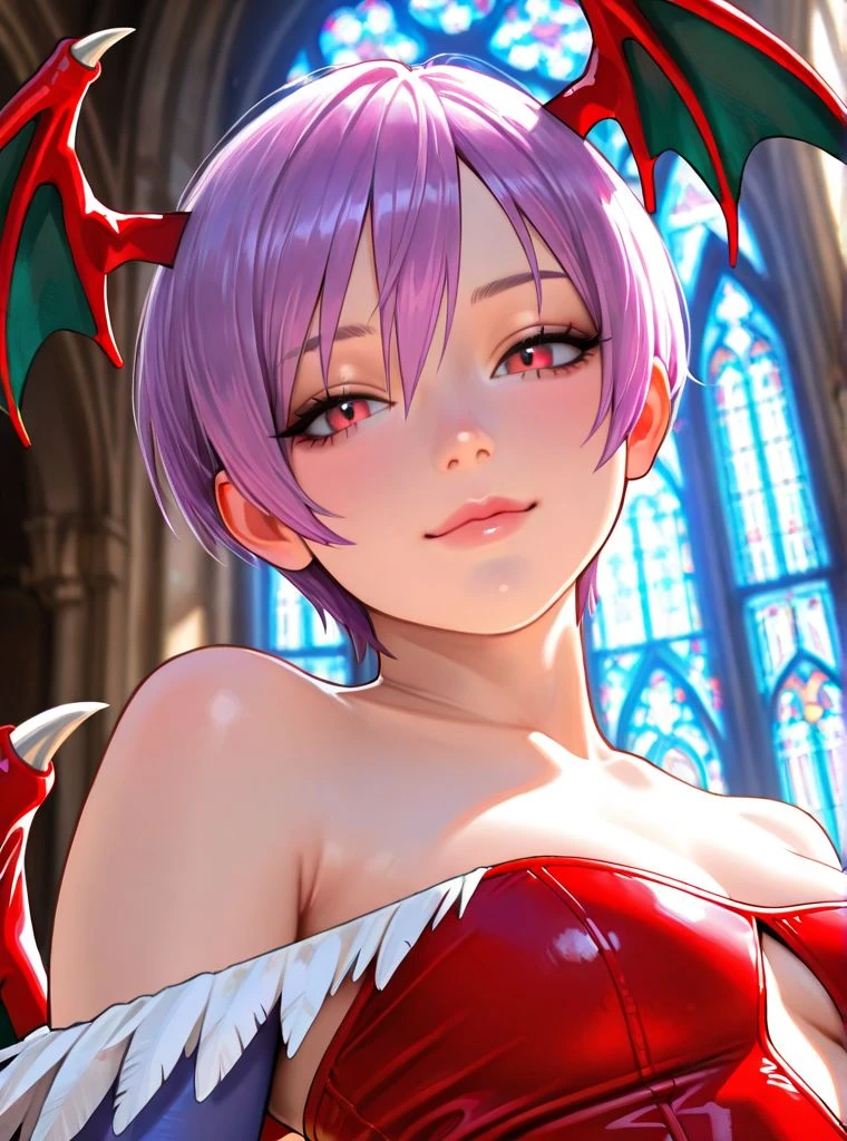 Portrait, Lilith Aensland, cute, seductive, innocent, light smile:0.3, plump lips, slender body, purple short hair, red leather body, bat wings, gothic church background, 4n1v3rs3, depth of field, dynamic angle, fashion photography, sharp, hyperdetailed:1.15