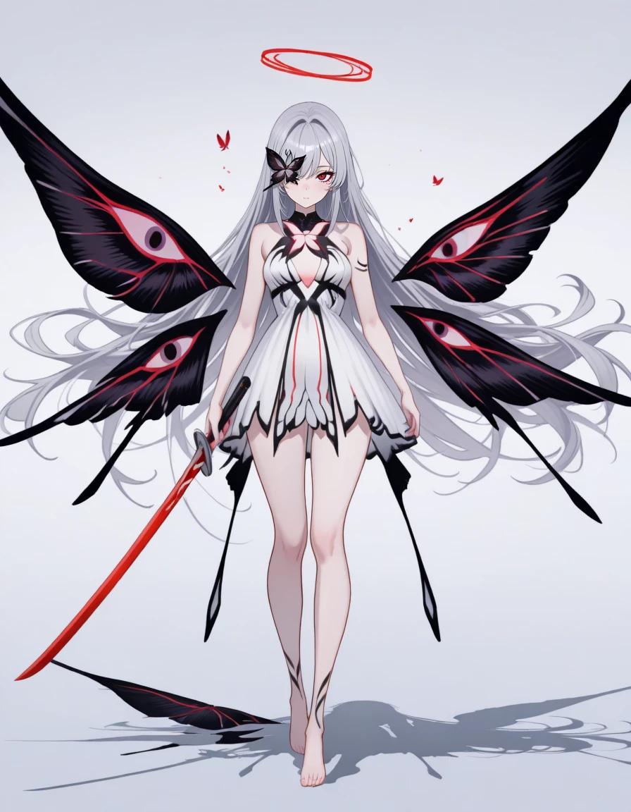 masterpiece,best quality,amazing quality,very aesthetic,high resolution,ultra detailed,perfect details,
1girl,solo,looking_at_viewer,shadow,full_body,<lora:mai_pgr_chaos:0.8>,maipgrchaos,very_long_hair,red_eyes,bare_shoulders,grey_hair,sidelocks,butterfly over eye,white_dress,floating,multiple_wings,barefoot,no halo,red halo,holding_sword,
<lora:kafka02_illu:1>,kafka02_illu,