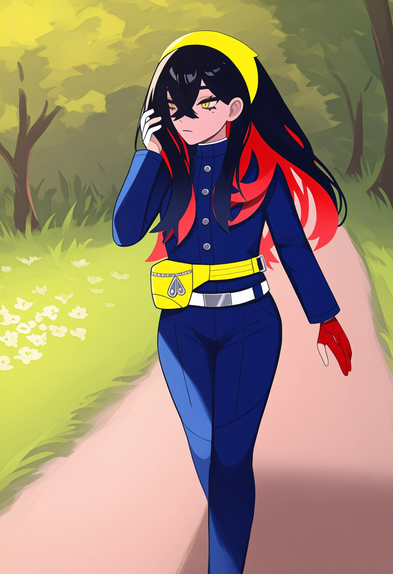newest, solo, 1girl, crmndef, mole under eye, expressionless, looking to the side, hand in own hair, walking, long hair, colored inner hair, black hair, red hair, hair between eyes, crossed bangs, yellow hairband, yellow eyes, eyelashes, blue jacket, long sleeves, red gloves, single glove, partially fingerless gloves, buttons, blue pants, white belt, yellow bag, fanny pack, outdoors, day, grass, path, tree, flower
<segment:yolo-Anzhc Face seg 640 v3 y11n.pt,0.5,0.5//cid=11>