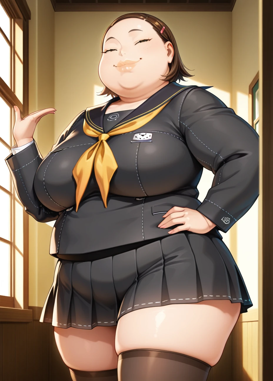 masterpiece, best quality, absurdres, <lora:Hanako_Ohtani_Persona_4:1>, hnk_otn, hanako ohtani, 1girl, brown hair, standing, indoors, plump, fat, serafuku, yasogami school uniform, looking at viewer, thick lips, feet out of frame, cowboy shot, half-closed eyes, smug, thighhighs, official art, hand on hip, short hair,