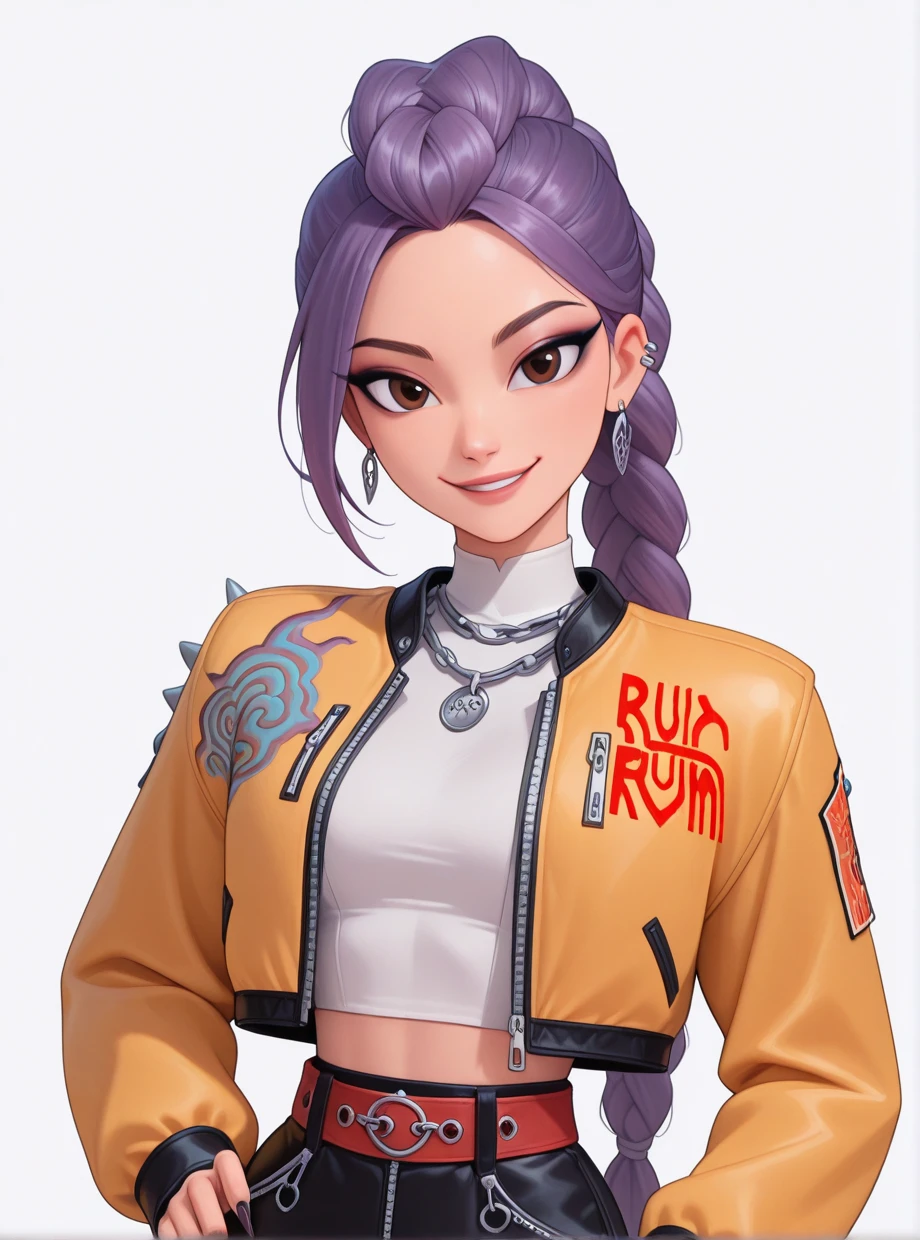 (masterpiece), (best quality), rumi \(kpop demon hunters\), (Rumi_KDH), (anime screencap), 32K, 1girl, solo, (looking at viewer), (accurate style), body markings, braid, braided ponytail, chain, long hair, purple hair, braided hair, brown eyes, tall, earrings, fingernails, jewelry, long fingernails, makeup, mascara, yellow jacket, cropped jacket, black shorts, midriff, red belt, white crop top, boots, dynamic pose, cowboy shot, smiling, elegant, <lora:RumiKpopDemonHuntersillusApexAi:1>.
