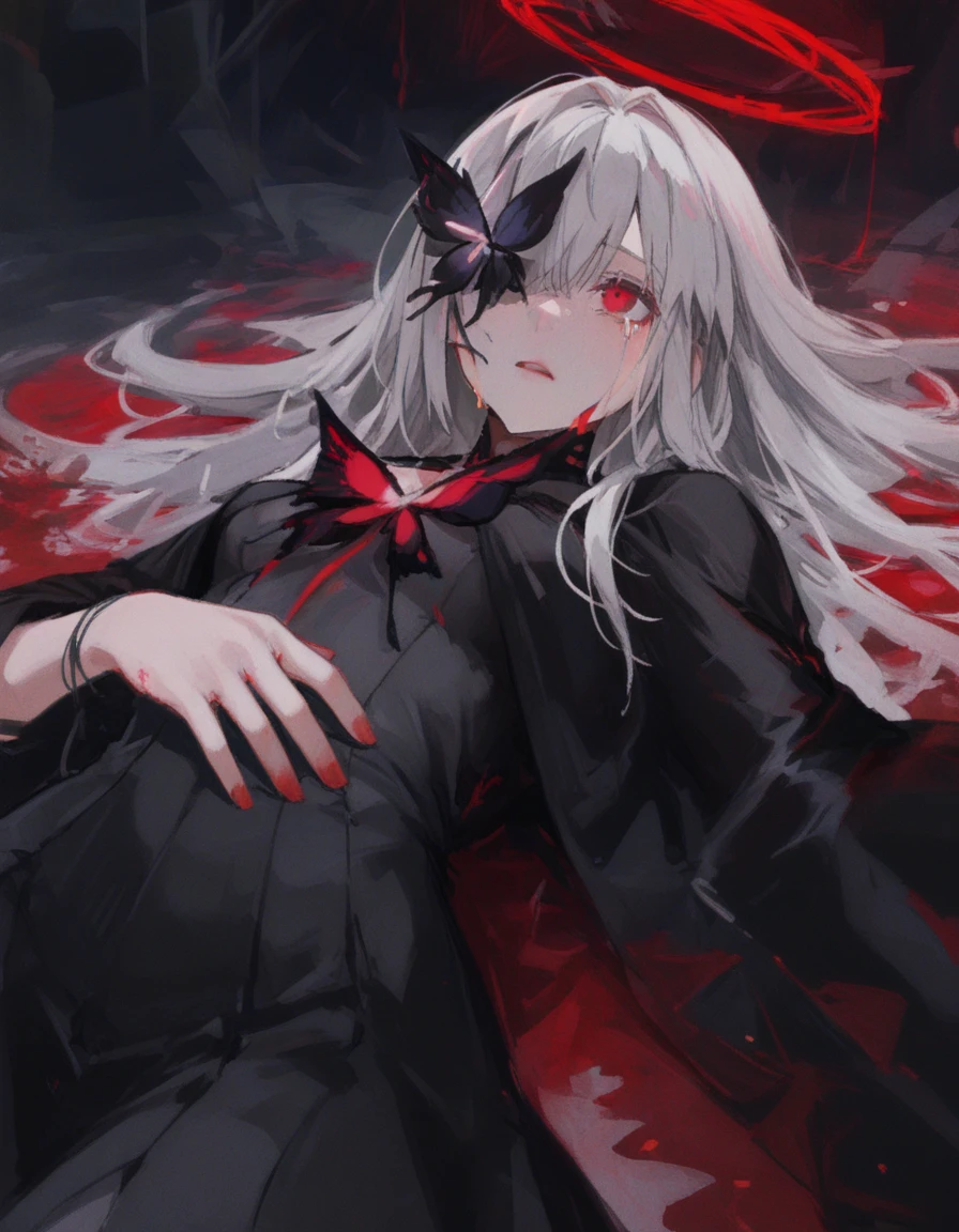 masterpiece,best quality,amazing quality,very aesthetic,high resolution,ultra detailed,perfect details,
1girl,solo,<lora:mai_pgr_chaos:1>,maipgrchaos,long_hair,hair_ornament,red_eyes,grey_hair,blood,butterfly,flower,parted_lips,lying,hair_flower,tears,crying,crying_with_eyes_open,string,blood_on_hands,black_flower,string_of_fate,butterfly over one eye,halo,
<lora:96YOTTEA-WAI:1>,
