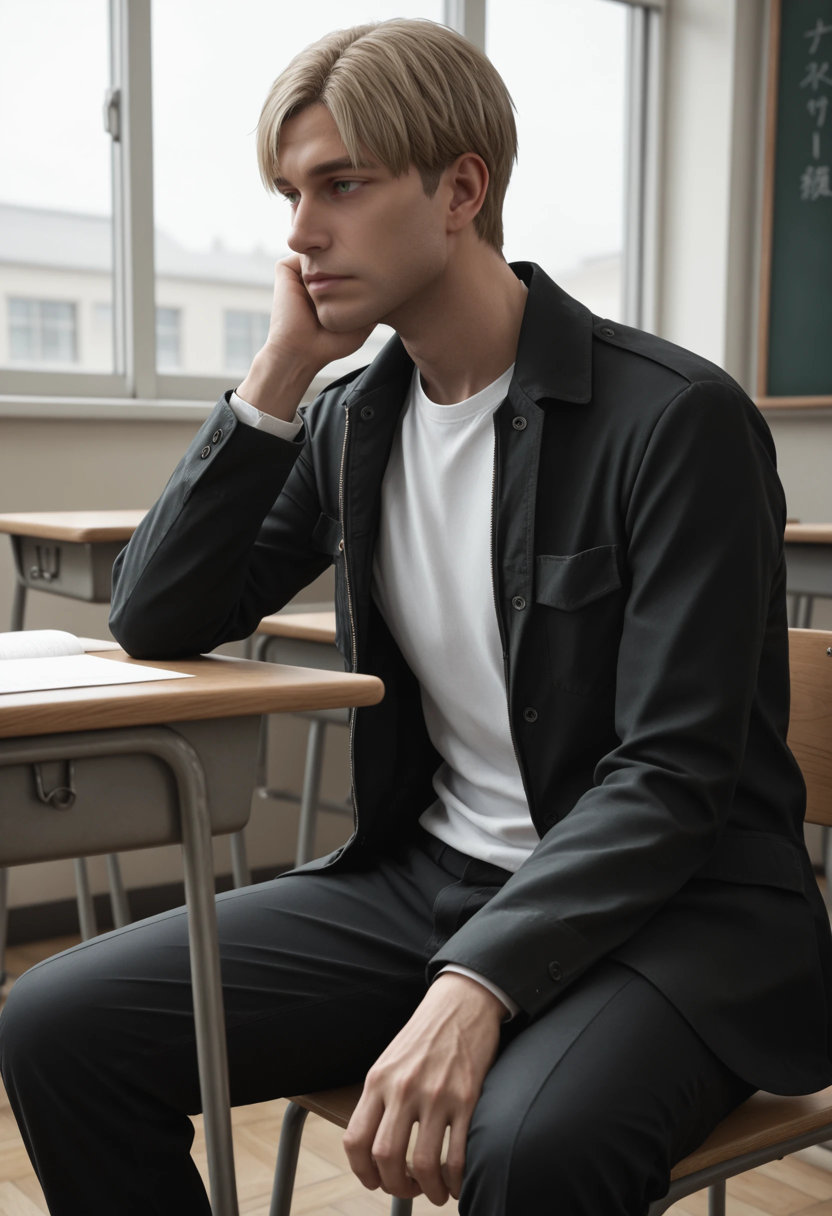 very awa, masterpiece, best quality, absurdres, newest, perfect quality, detailed background, intricate details
<lora:ILSH2RJames:1.0>
SH2RJames, 1boy, male focus, short hair, blonde hair, green eyes, feet out of frame, expressionless, closed mouth, looking away, sitting, on chair, head rest, school desk, gakuran, black jacket, open jacket, long sleeves, white shirt, t-shirt, black pants, indoors, classroom, window
