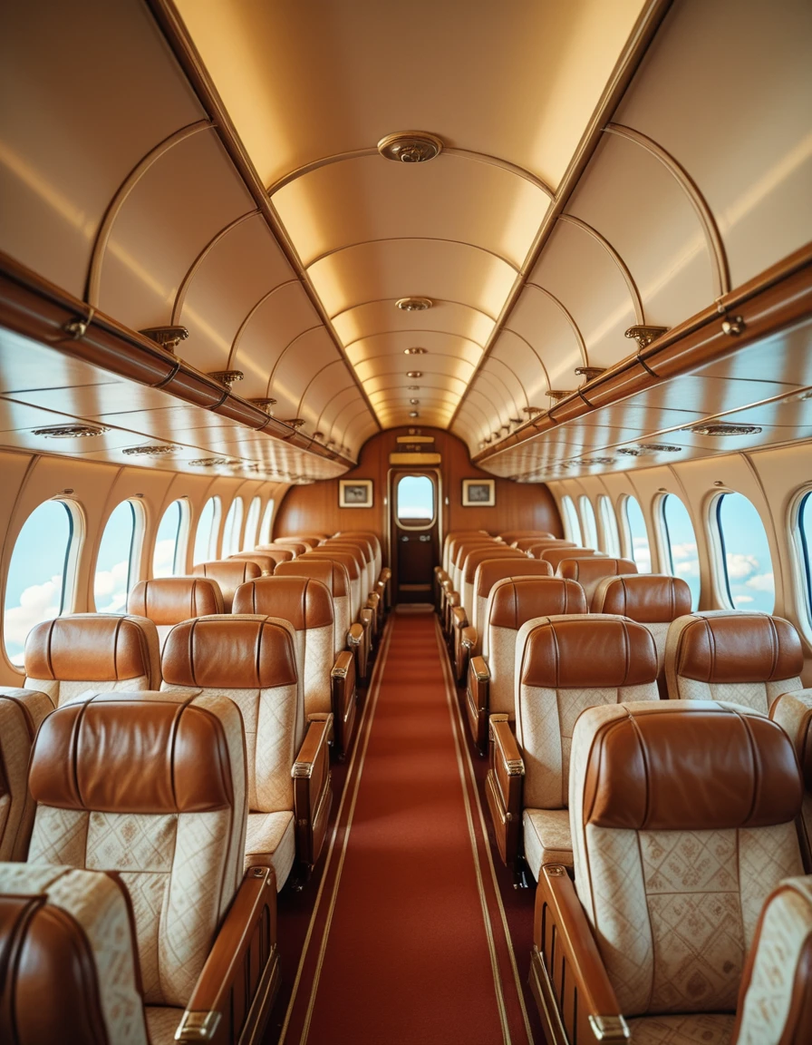 A retro airplane interior from the golden age of air travel, completely empty of people. Rows of wide, plush seats upholstered in rich, patterned fabric face forward, with ample legroom and polished wooden armrests. Overhead storage bins are replaced by open luggage racks, lined with brass rails. Soft, warm lighting glows from art decoâstyle fixtures along the ceiling, reflecting off chrome accents and glossy paneling. Large oval windows offer glimpses of a bright blue sky and drifting clouds. The cabin exudes a sense of elegance and nostalgia, with every detail evoking the glamour of mid-20th-century aviation.retro airplane 1nt3r10r, <lora:retro_airplane_1nt3r10r-i:1>, Masterpiece,best quality,hi res,8k,hi res,8k,award winning,(sharp focus, intricate, highly detailed),