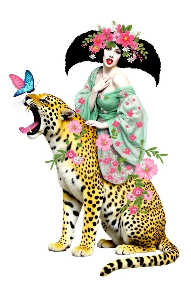 In Jonathan Reiner style, this surreal digital artwork depicts a pale-skinned woman with black, voluminous hair and red lips, crowned with vibrant flowers, riding a leopard. She wears a green, floral-patterned kimono and a translucent skirt adorned with pink and white flowers, her right arm raised and left hand resting on her chest. The yellow-furred leopard, covered in black spots and pink-and-green flowers, bares an open mouth with a pink tongue. A delicate blue-and-pink butterfly perches atop the leopard’s head. The plain white background accentuates the vivid colors and intricate details, creating a fantastical and dreamlike composition.