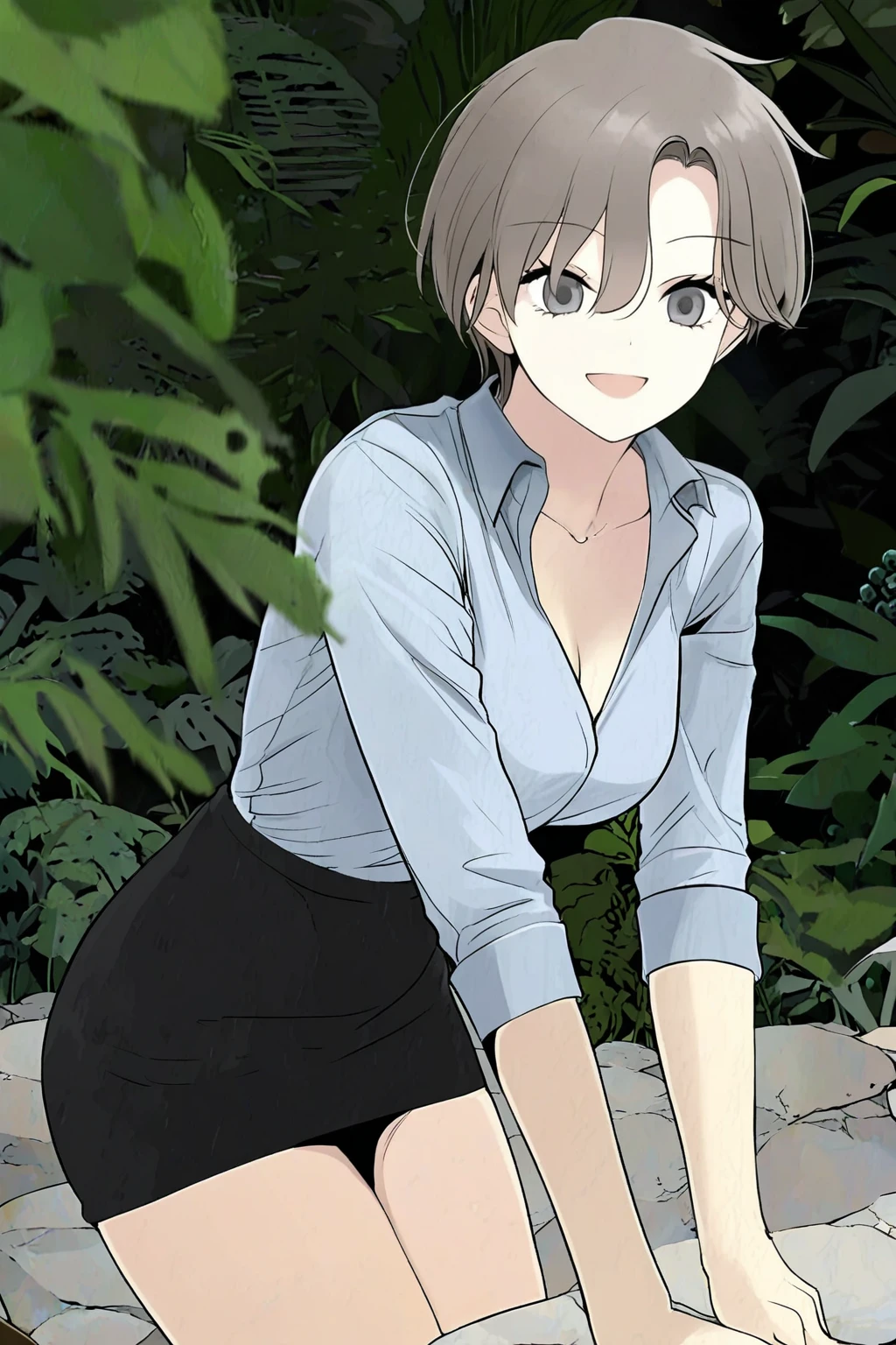 masterpiece, good quality, best quality, very awa, very as2, absurdres, highres
 <lora:Sera Totems realmilluLoRA:1>sera, brown hair, short hair, grey eyes, collared shirt, cleavage, black skirt, pencil skirt, smile, jungle