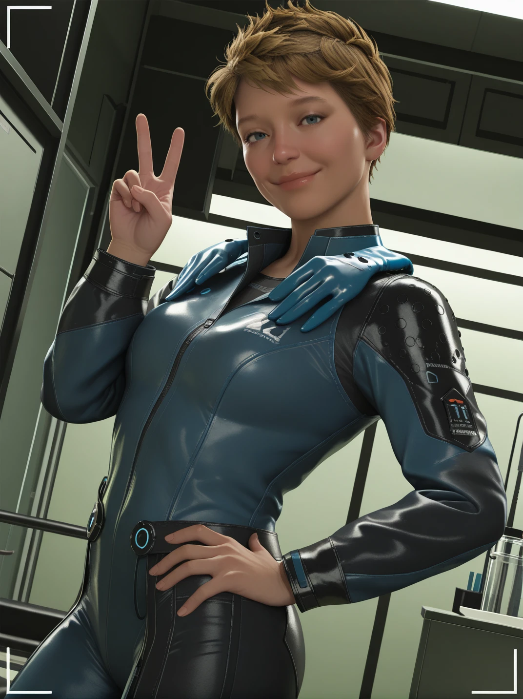official style, screencap, high quality, realistic,
1girl, (FragilXL:1.1), blue eyes, blonde hair, short hair, bodysuit, long sleeves, 
light smile, dutch angle, naughty pose, looking at viewer, one hand on hips, v, solo, dynamic pose, cowboy shot, head tilt, sexually suggestive, indoors, science fiction, lab, from side,
<lora:AFragil_character:1>