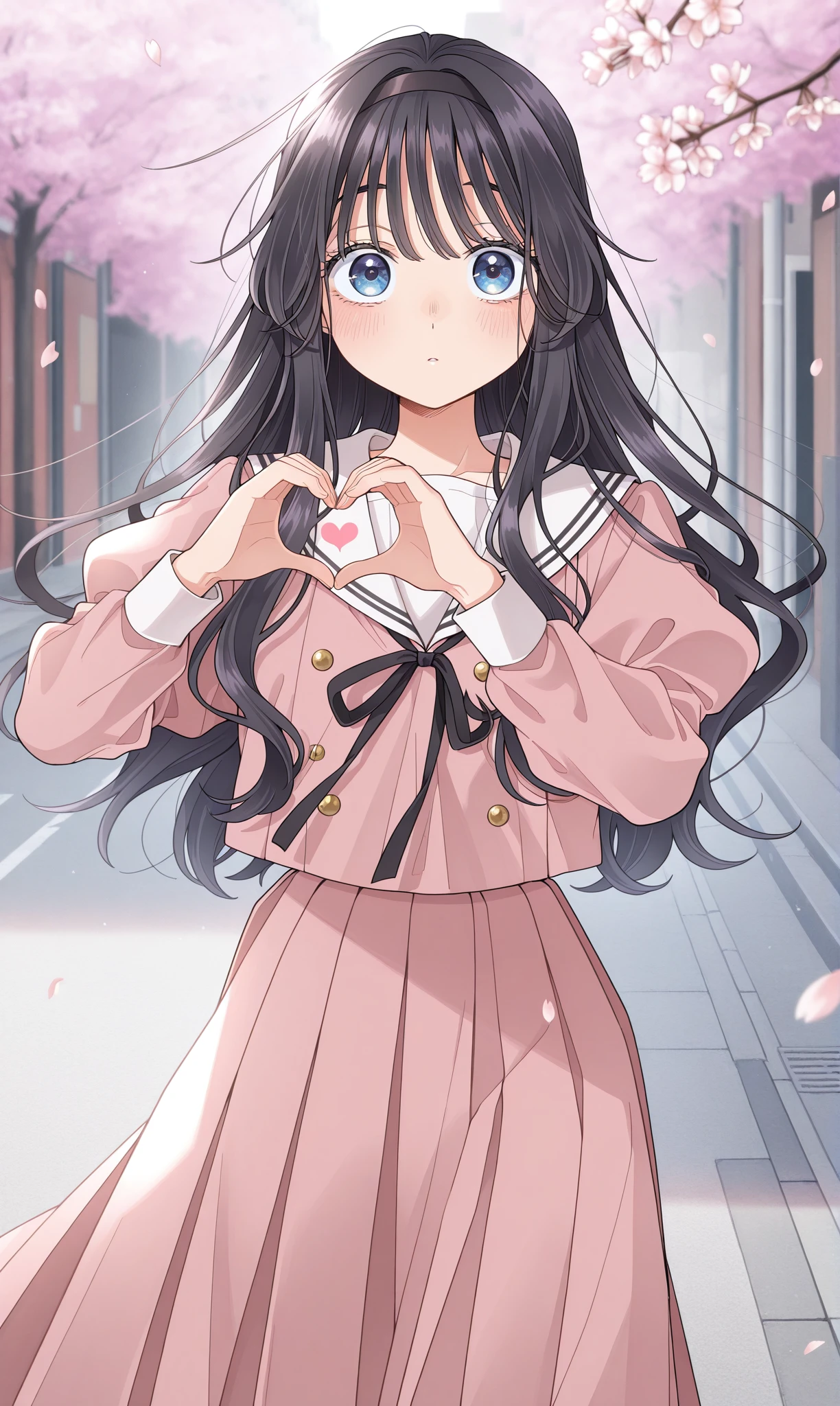 <lora:waguri_kaoruko_illust_scarxzys:1>, waguri kaoruko, blue eyes, black hair, long hair, hairband, pink shirt, juliet sleeves, white serafuku, pink skirt, long skirt, black ribbon, 1girl, solo, masterpiece, best quality, amazing quality, cherry blossoms, street, looking at viewer, close-up, heart hand