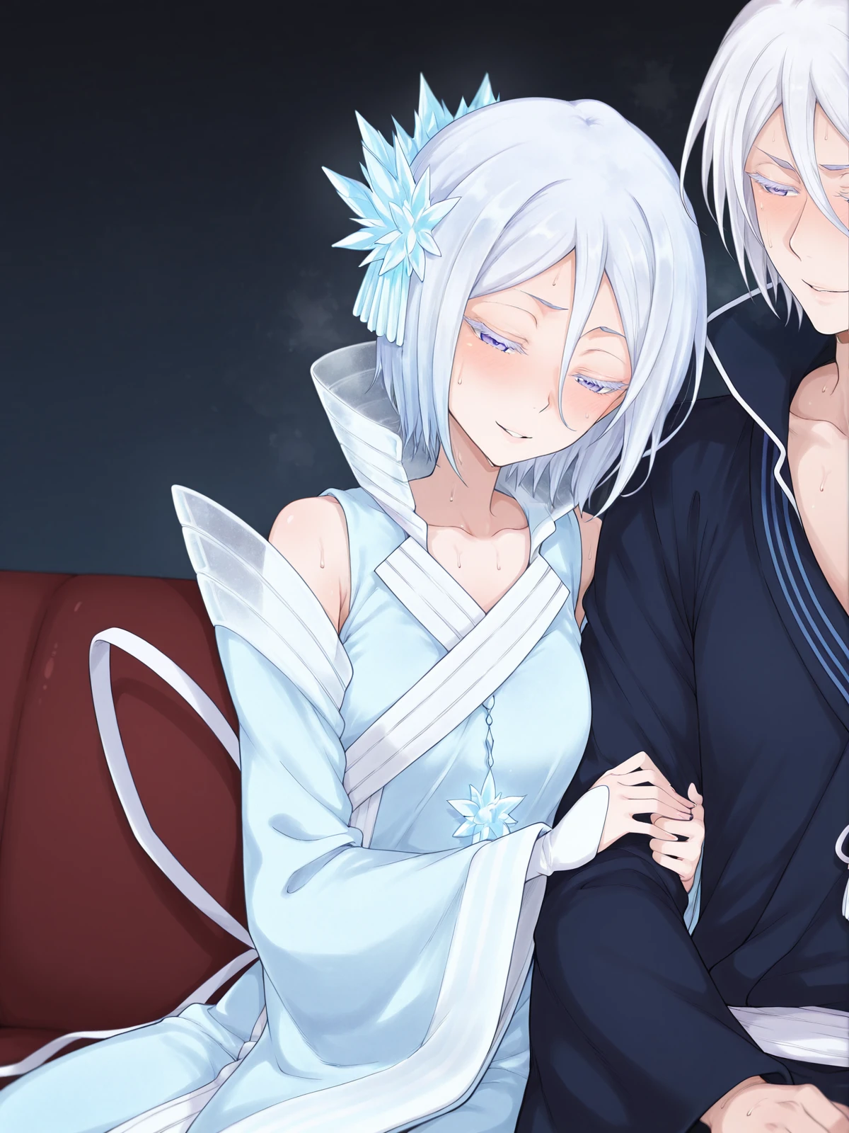 <lora:TerasuMerge:1>,terasuMC,
masterpiece,best quality,amazing quality,very aesthetic,absurdres,
detailed fingers,detailed hands,
BREAK
simple_background,indoor,
BREAK
<lora:Rukia_Kuchiki_Bankai_Illustrious:1>,RuKuchBankai,1girl,solo,hair between eyes,short hair,blue eyes,hair ornament,blue hair,white hair,colored eyelashes,purple eyes,eyelashes,
detached sleeves,japanese clothes,dress,sleeveless,ribbon,long sleeves,wide sleeves,kimono,blue dress,japanese clothes,white ribbon,high collar,long dress,glowing kimono,ice flower,
leaning on person side-by-side,blush,smile,1boy,closed mouth,sitting,hetero,sweat,parted lips,looking at another,arm grab,arm hug,holding another's arm,torogao,half-closed eyes,