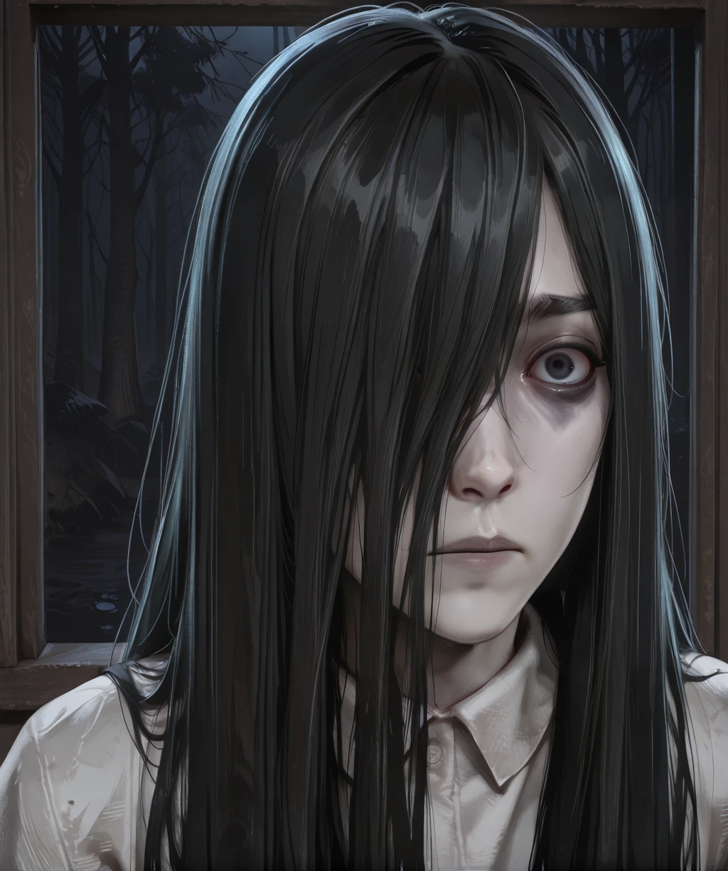 onrygxl, long black hair, hair over one eye, looking at viewer, black eyes, bags under eyes,
solo,white collared dress,
close up,
night, facing viewer, front view,
(insanely detailed, masterpiece, best quality), <lora:TheOnryoGxl-12v3-ILv3:1>,