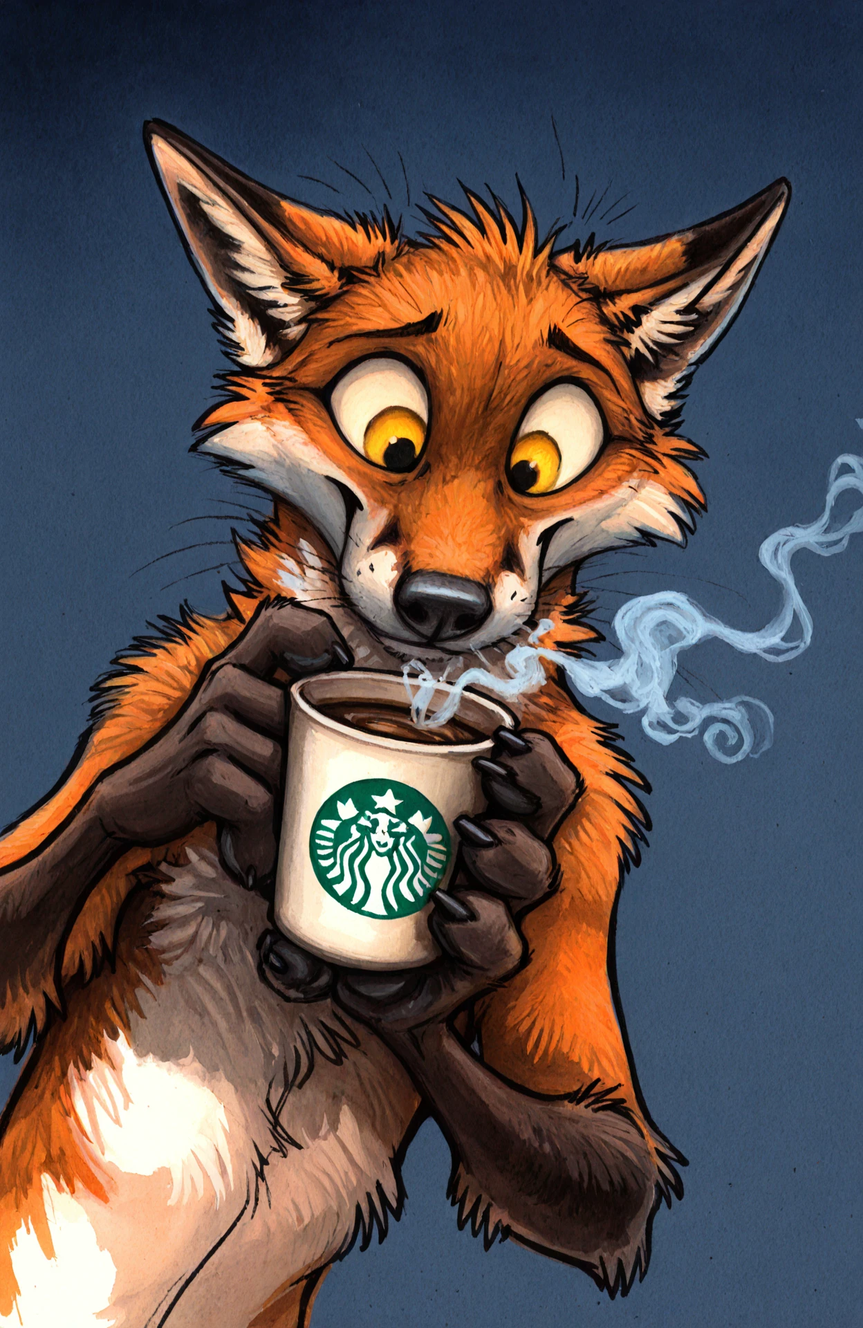 Kenket,
masterpiece, best quality, amazing quality,
fox, starbucks, reaction image, 4 fingers, ambiguous gender, anthro, beverage, black body, black fur, black nose, blue background, claws, coffee, container, cup, fingers, orange fur, simple background, sky, solo, steam, whiskers, white body, white fur, yellow eyes, (drinking:1.2), (steam:1.4), hand focus, (closeup:1.4), scared, cute, innocent, kissing coffee,
<lora:Kenket_-_Art_Style:1>,
