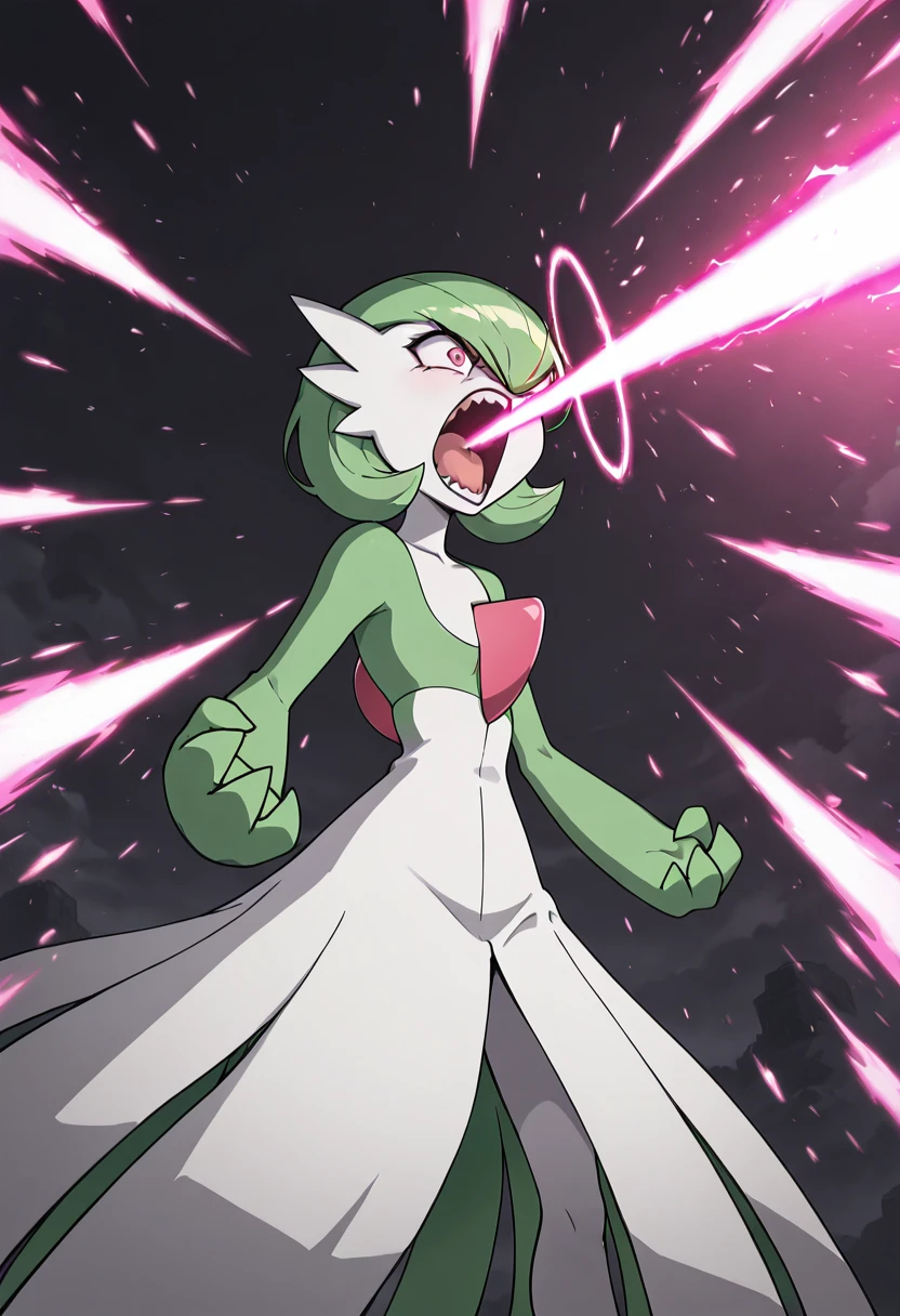 masterpiece, best quality,   hyp3rB34m, pink beam, gardevoir, multicolored skin, two-tone skin,  foreshortening, laser, angry,   <lora:HyperBeam_IXL_v1:1.0>,