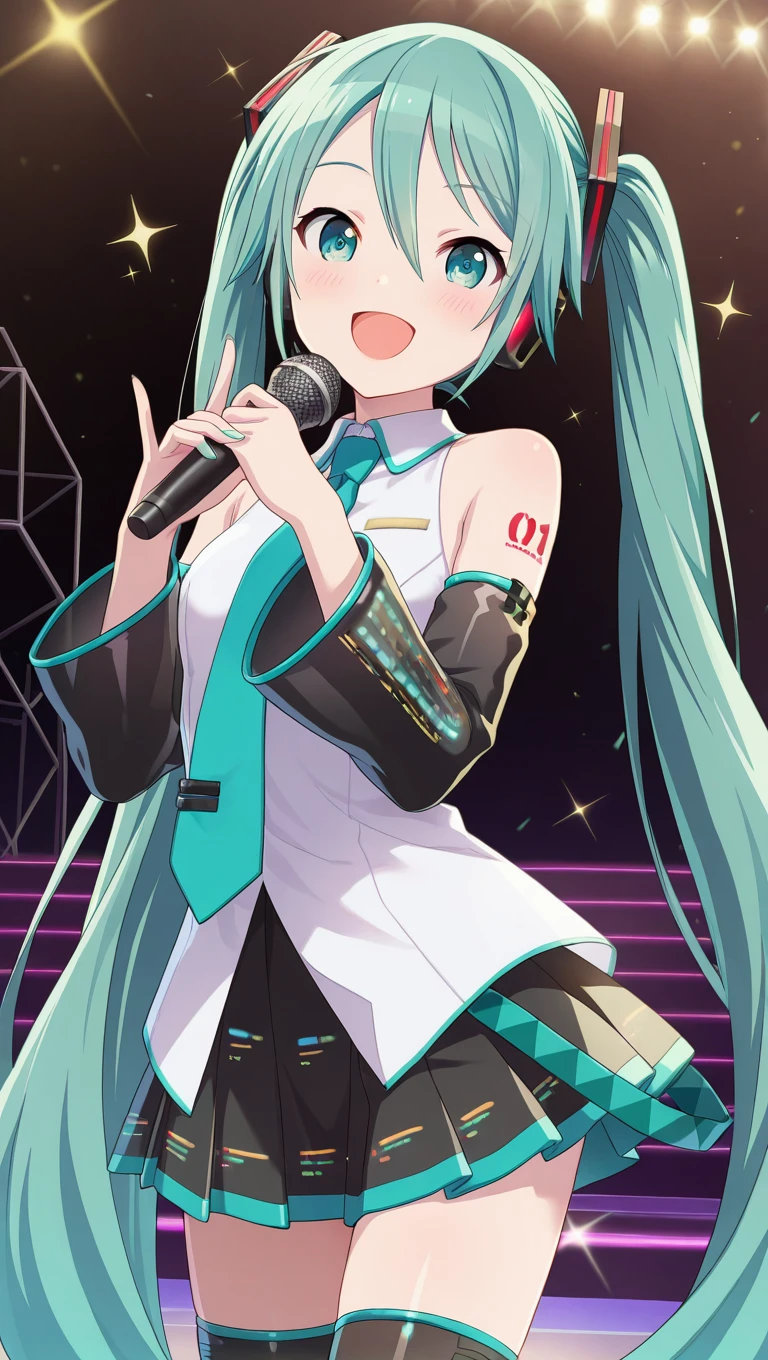 (masterpiece),best quality,amazing quality,very aesthetic,absurdres,newest,perfect body,shiny skin,perfect eyes,detail1eye,well-defined fingers,well-defined fingernails,anime style,stage,1girl,solo,cowboy shot,looking at viewer,facing viewer,smile,blush,Hatsune Miku-Project SEKAI version,absurdly long hair,aqua hair,twintails,hair ornament,sidelocks,hair between eyes,parted bangs,aqua eyes,open mouth,hands up,holding microphone,singing,white shirt,collared shirt,bare shoulders,sleeveless shirt,aqua necktie,detached sleeves,black sleeves,shoulder tattoo,miniskirt,pleated skirt,fringe,zettai ryouiki,black thighhighs,thigh boots,<lora:Hatsune Miku-Project SEKAI version(voc)-Illus:2>,