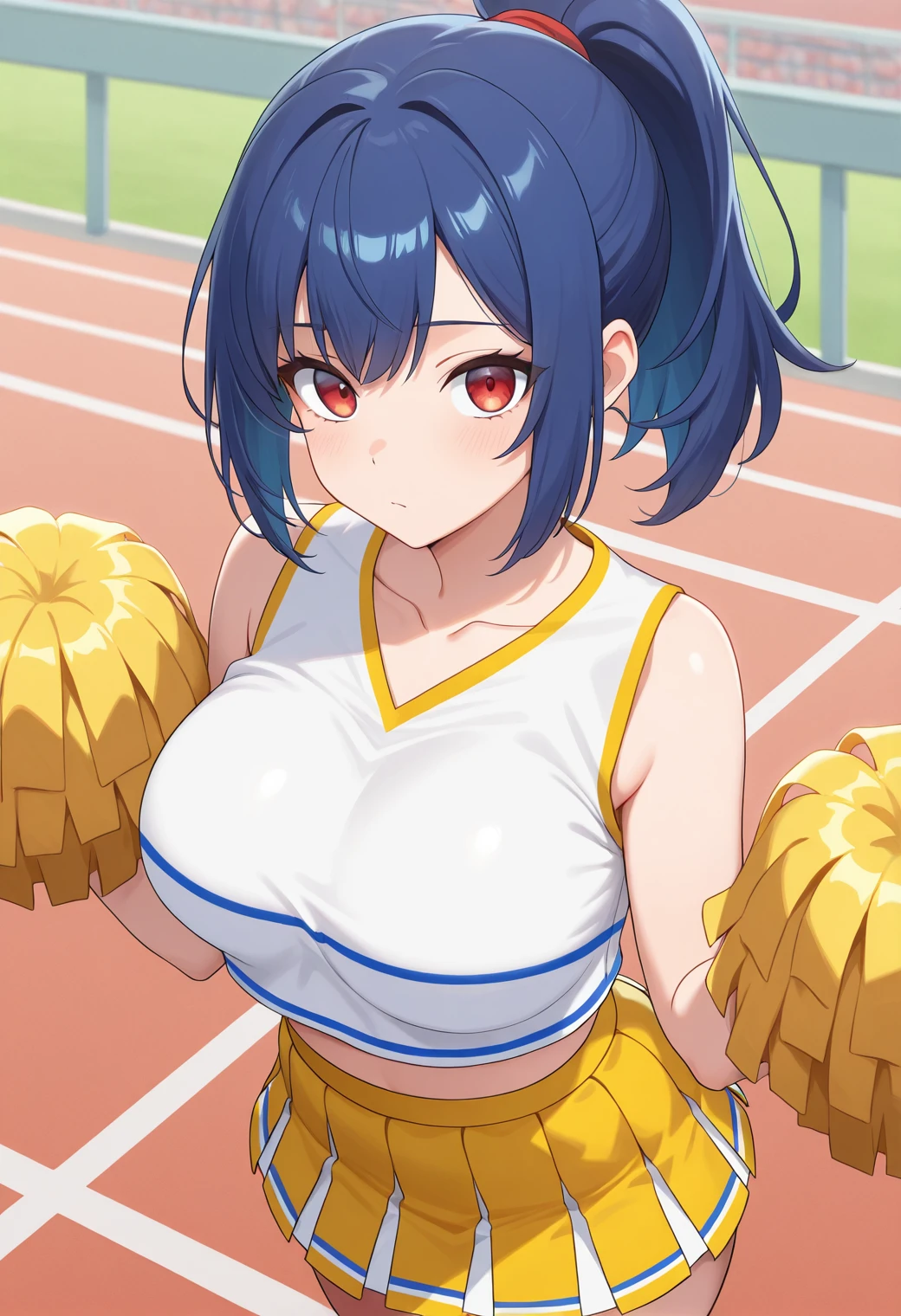 <lora:stripedcheerleaderN1-IXL-20:.7> str1ped cheerleader, two-tone shirt, 1girl,sleeveless, blue hair,red eyes,ponytail,looking at viewer, collarbone, white shirt,yellow skirt,midriff,cowboy shot, large breasts,
