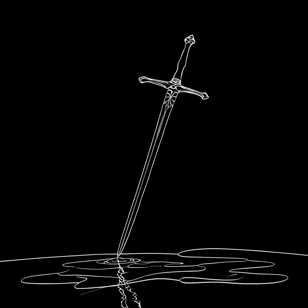 <lora:Elegant_Minimalist_Line_ArtSDXL:1> Elegant Minimalist Line Art, The image shows a black and white drawing of a sword in the water with a dark background. The sword is depicted in a line art style with the blade and handle clearly visible., monochrome, no humans, greyscale, weapon, sword, black background, simple background, still life, comic, planted sword