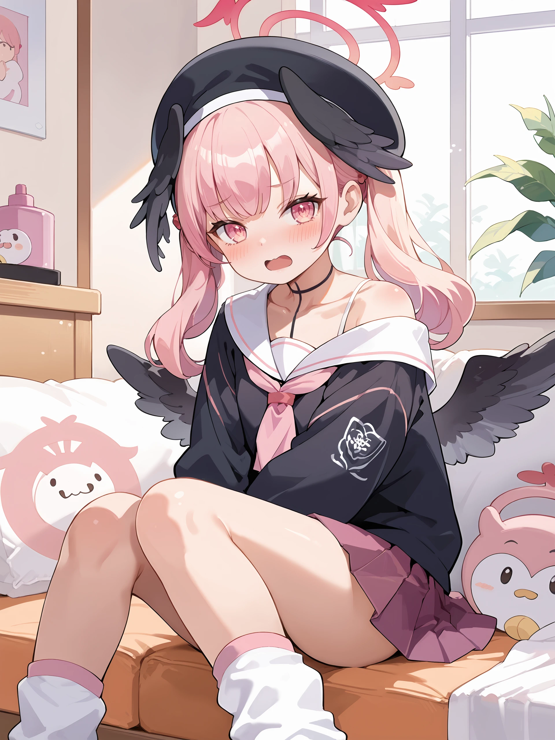 score_9, score_8_up, score_7_up, source_anime, ray tracing, best quality, <lora:style-nora_higuma:0.5>, <lora:style-zankuro:0.3>, <lora:Char-BlueArchive-Koharu-V1-Pony:0.9:hr=0.6>, 1girl, koharu \(blue archive\), twintails, halo, beret, head wings, low wings, pleated miniskirt, sailor shirt, pink neckerchief, off shoulder, loose socks, bedroom, , open mouth, blush, looking at viewer, gasping, reclining, sitting, arm support