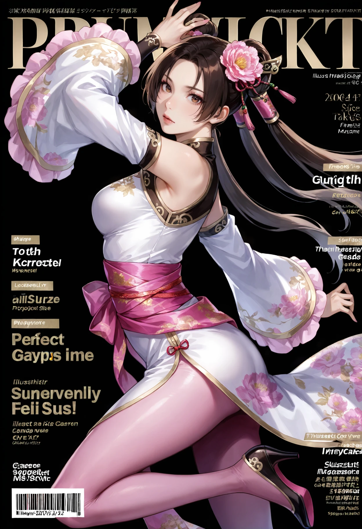 <lora:add-detail-xl:1>,masterpiece,best quality,absurdres,highres,detailed eyes,beautiful,detailed background,perfect eyes,realistic,solo,
magazine cover,fake magazine cover,english text,cover,fake cover,price,cover page,text focus,barcode,dated,cowboy shot,dynamic pose,
<lora:Diaochan:1>,1girl,hair ornament,pantyhose,dress,brown hair,high heels,detached sleeves,hair flower,shoes,black background,chinese clothes,brown eyes,bare shoulders,long sleeves,sash,pink pantyhose,long hair,wide sleeves,hair tubes,china dress,black hair,twintails,