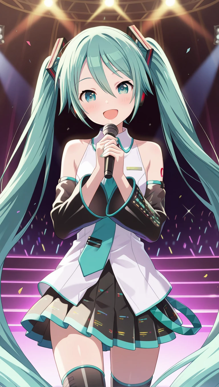 (masterpiece),best quality,amazing quality,very aesthetic,absurdres,newest,perfect body,shiny skin,perfect eyes,detail1eye,well-defined fingers,well-defined fingernails,anime style,stage,1girl,solo,cowboy shot,looking at viewer,facing viewer,smile,blush,Hatsune Miku-Project SEKAI version,absurdly long hair,aqua hair,twintails,hair ornament,sidelocks,hair between eyes,parted bangs,aqua eyes,open mouth,hands up,holding microphone,singing,white shirt,collared shirt,bare shoulders,sleeveless shirt,aqua necktie,detached sleeves,black sleeves,shoulder tattoo,miniskirt,pleated skirt,fringe,zettai ryouiki,black thighhighs,thigh boots,<lora:Hatsune Miku-Project SEKAI version(voc)-Illus:2>,