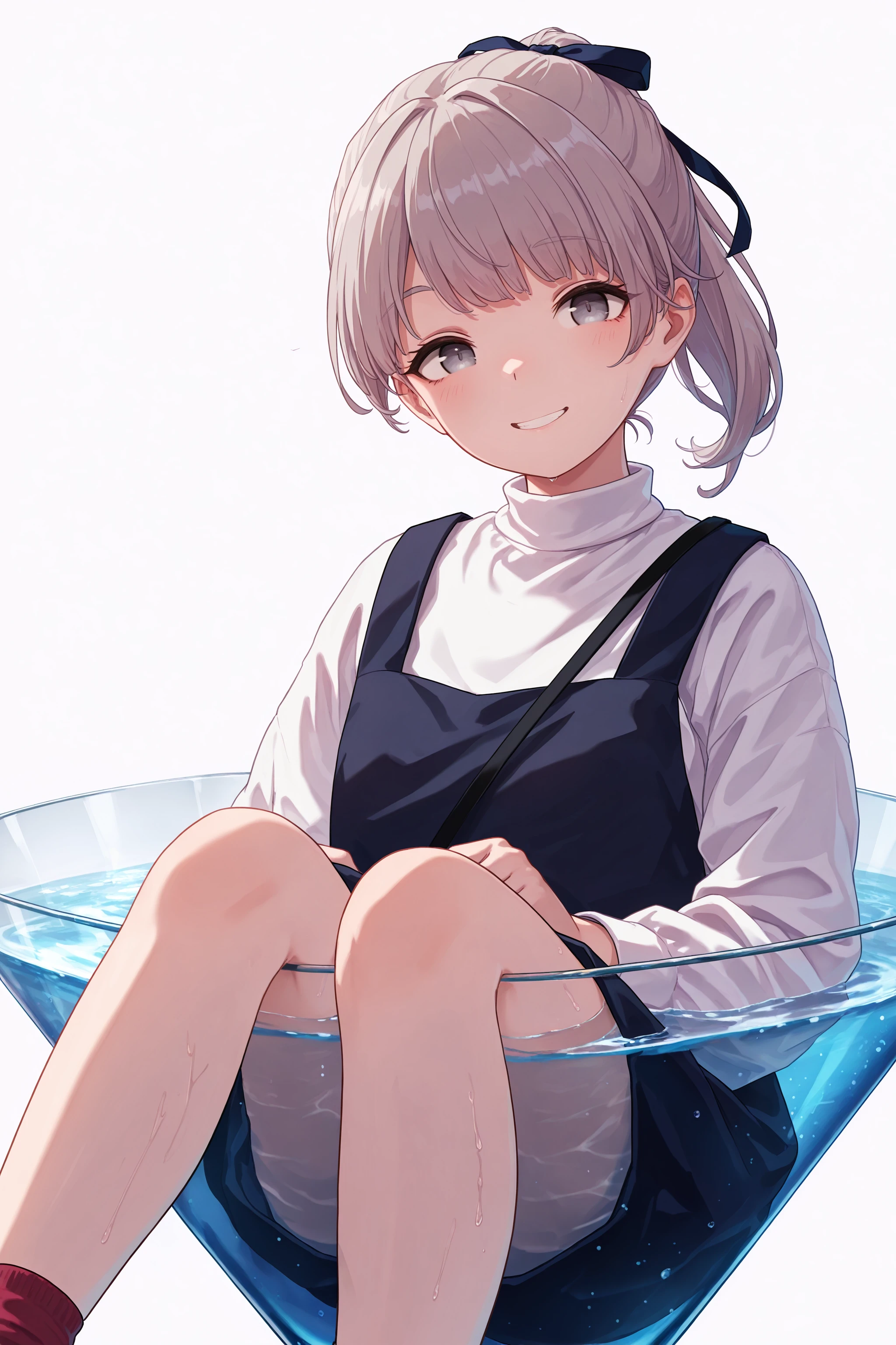 masterpiece, best quality, absurdres, safe
1girl, in cup, cocktail glass, drinking glass, simple background, partially submerged,
lapwing, grey hair, grey eyes, ponytail, hair ribbon,
pinafore dress, strap, turtleneck,
looking at viewer, head tilt, smile  [:red socks,:0.2]
<lora:in_cup_il_4_d16:1> <lora:lapwing_il_2_d16:1>