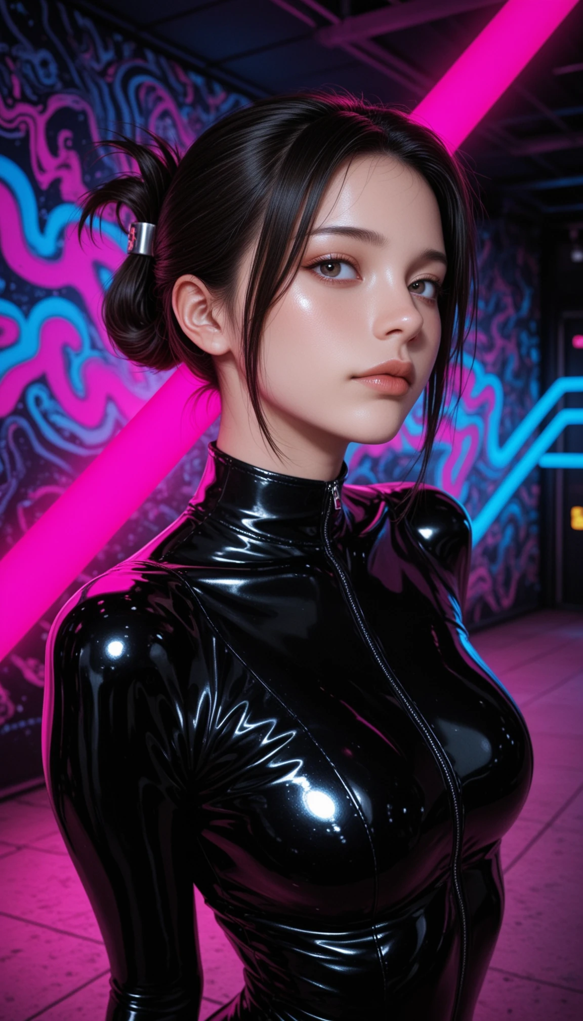 masterpiece, best quality, amazing quality, 4k, very aesthetic, high resolution, ultra-detailed, absurdres, scenery, realistic, photo, 1girl, solo, folded ponytail, upturned eyes, generous, closed mouth, (shiny latex black bodysuit:1.2), contrapposto, arched back, dutch angle, head tilt, twisted torso, upper body, portrait, fisheye, dramatic shadows, cinematic lighting, hard focus, sharp focus, neon colors, backlit, rim light, (synthwave, mind bending:1.2), neon beam, (chaos neon background, abstract background:1.2), inter dimensional, dark, back light, BREAK, slow shutter speed, motion blur, depth of field, photorealistic details