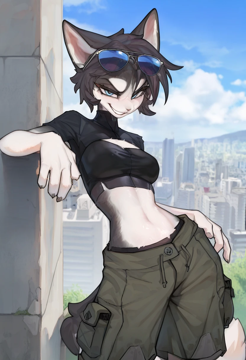 <lora:SLC_Scarlett_a1_1_NoobXL-eps:1>,<lora:Spall_Style_Ill_V2:0.5>,<lora:EatSleep1111StyleSDXL11:0.7>,eatsleep1111,artist:spaal,masterpiece,best quality,amazing quality,high quality,very aesthetic,absurdres,newest,shaded,digital media \(artwork\),depth of field,slcsrlt,anthro,female,detailed background,pose,grin,city,leaning on wall,crop top,cargo shorts,smile,sunglasses,