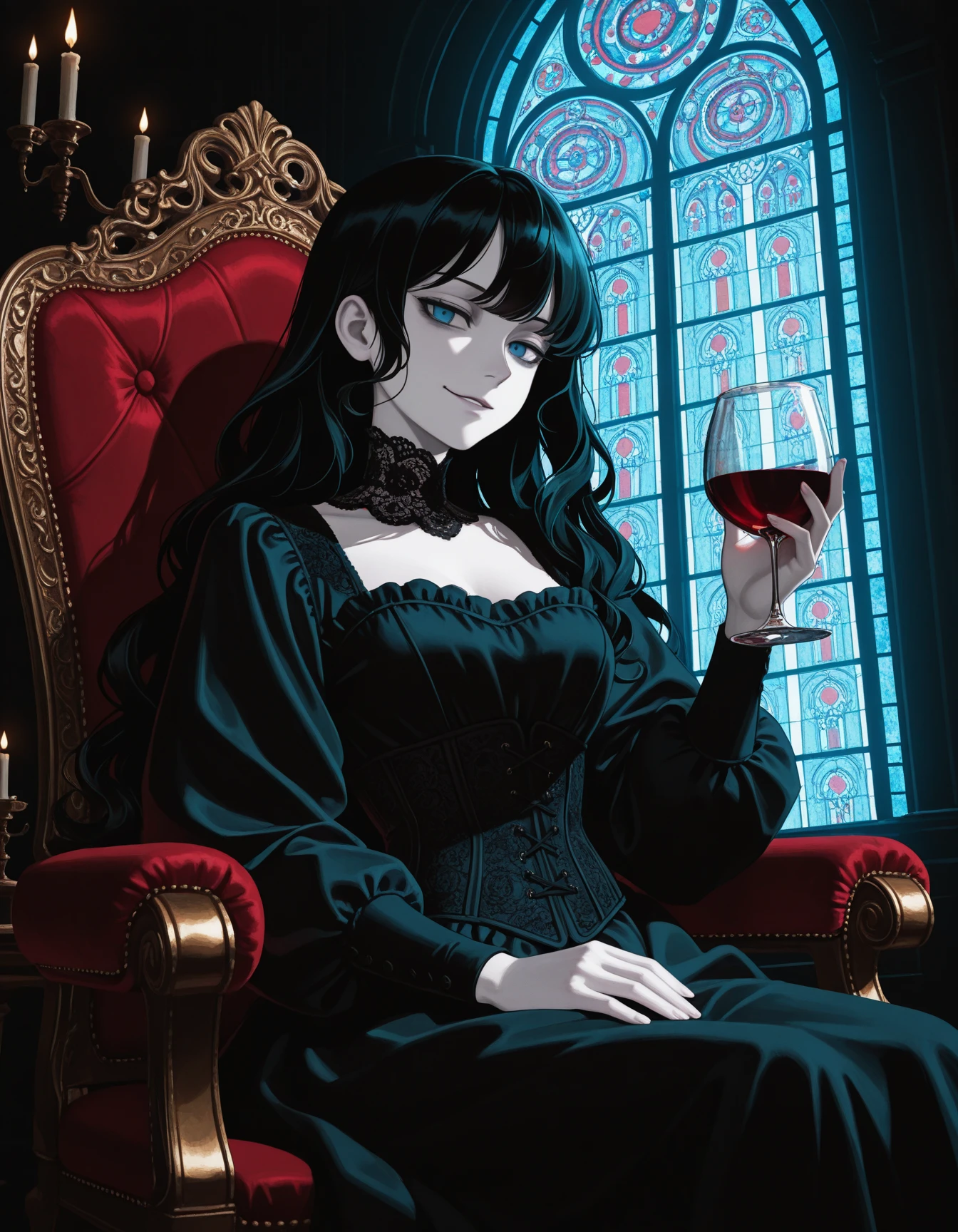 1girl, solo, pale skin, long wavy black hair, side part, blue eyes, wearing black victorian gown with lace collar, corset, and puffed sleeves, sitting on ornate velvet chair, stained glass window behind, holding glass of red wine, candlelit room, elegant posture, slight smirk, dramatic lighting, high contrast shadows, masterpiece, best quality