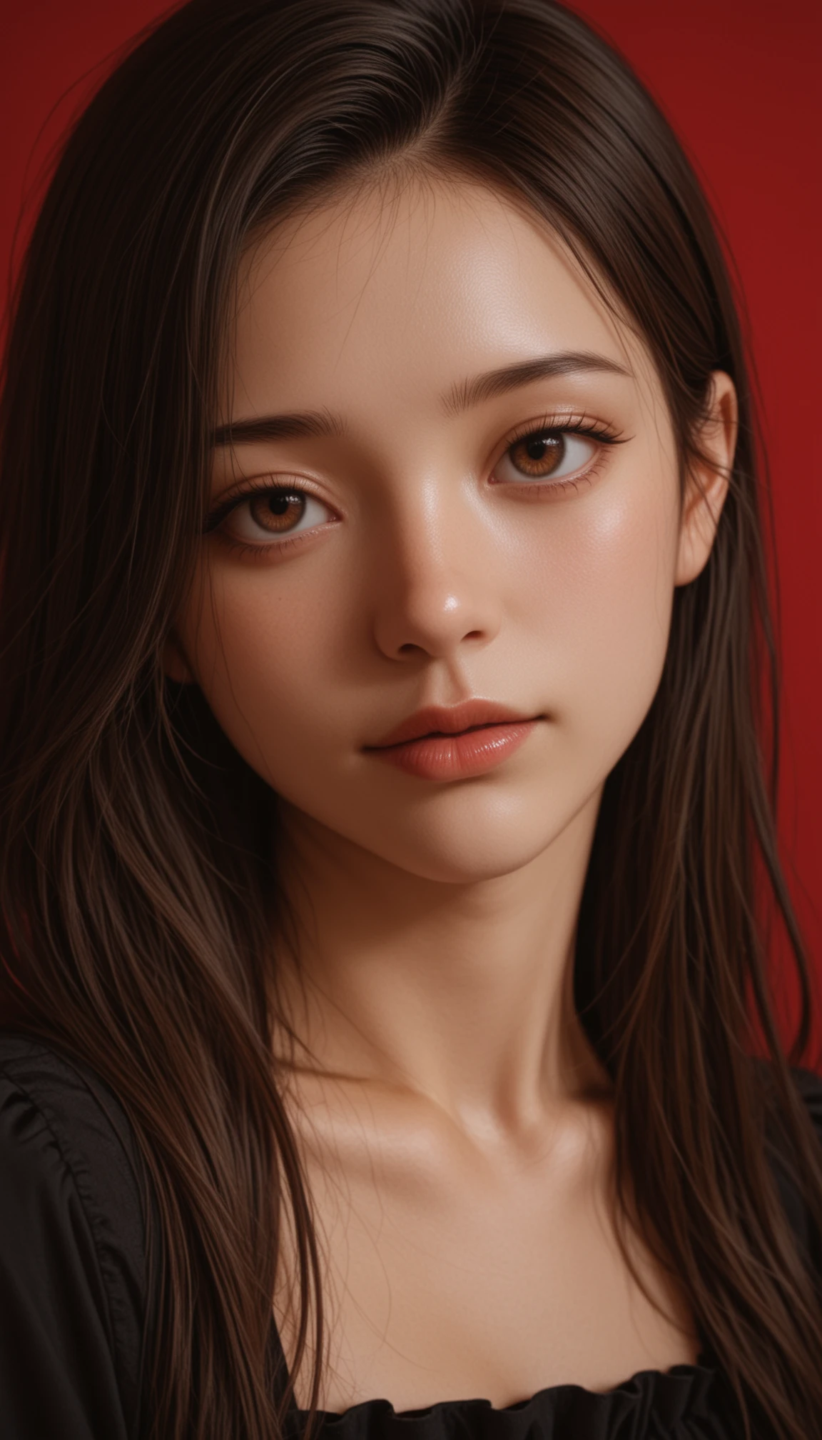 masterpiece, best quality, amazing quality, 4k, very aesthetic, high resolution, ultra-detailed, absurdres, scenery, realistic, photo, 1girl, solo, generous, arrogant, long hair, brown eyes, facing to the side, looking at viewer, upturned eyes, staring, black dress, head tilt, portrait, close-up, dark theme, (simple red backgrounds with backlight:1.1), studio light, backlight, BREAK, depth of field, photorealistic details