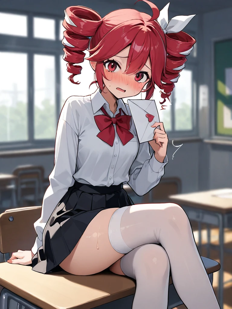 kasane teto, 1girl, solo, 4k, crossed legs, extra detailed, cute stockings, 8k, ultra details, a lot of lines, looking at viewer, blush, open mouth, short hair, shirt, skirt, long sleeves, red eyes, holding, bow, sitting, school uniform, white shirt, hair bow, sweat, red hair, parted lips, collared shirt, indoors, bowtie, black skirt, blurry, red bow, window, blurry background, border, embarrassed, drill hair, white bow, red bowtie, ^^^, knees up, twin drills, desk, furrowed brow, classroom, school desk, nervous, school chair, on desk, school, letter, envelope, sidelighting, sitting on desk, love letter, holding envelope, holding letter