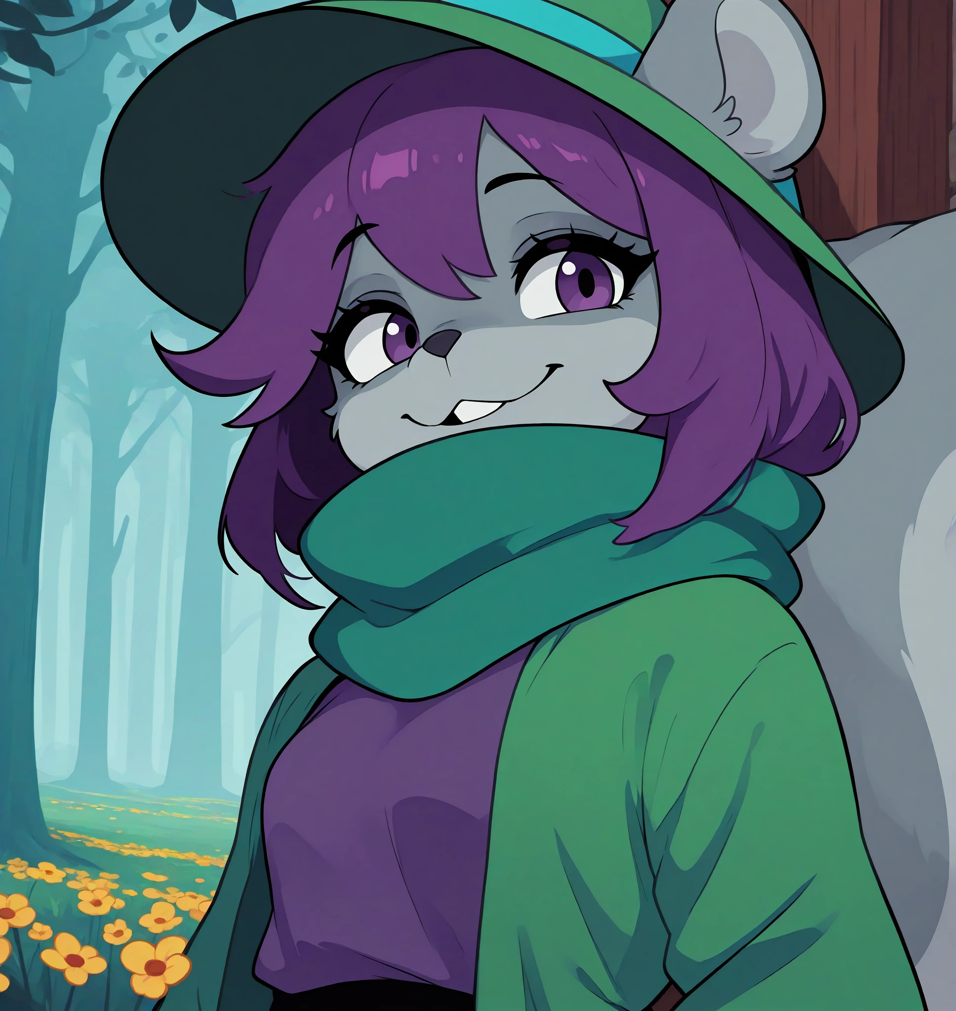 masterpiece, best quality, 2024, 2023, hi res,  <lora:Mooch_Undertale_Yellow:0.7>, mooch (undertale yellow), grey squirrel, female, undertale, tree squirrel, undertale (series), anthro, purple hair, green hat, scarf, green scarf,   clothed, clothing, small ,  in a luminous forest, detailed background, standing with hand on head, over-the-shoulder view, confident, upright posture, smirk, direct gaze, sketch