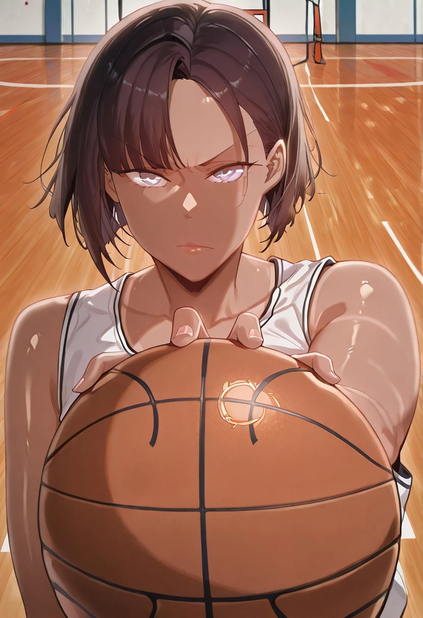 1girl, k8ng_7e0n-4h, beautiful light purple eyes, clear eyes, bright pupils, beautiful eyes, beautiful brown hair, beautiful short hair, sideburns, half-open cropped bangs, huge and shaggy , beautiful dark skin, natural beauty, extraordinary beautiful woman, attractive woman, super  woman,  body,  woman with   body, sensual body, voluptuous body,  beauty,  tanned slut,  micro-bikini tanlines, BREAK oiled, scenery, (( basketball grip, solo, looking at viewer, white tank top, holding, closed mouth, upper body, sleeveless, v-shaped eyebrows, ball, serious, sportswear, holding ball, basketball (object), basketball, basketball uniform, ))