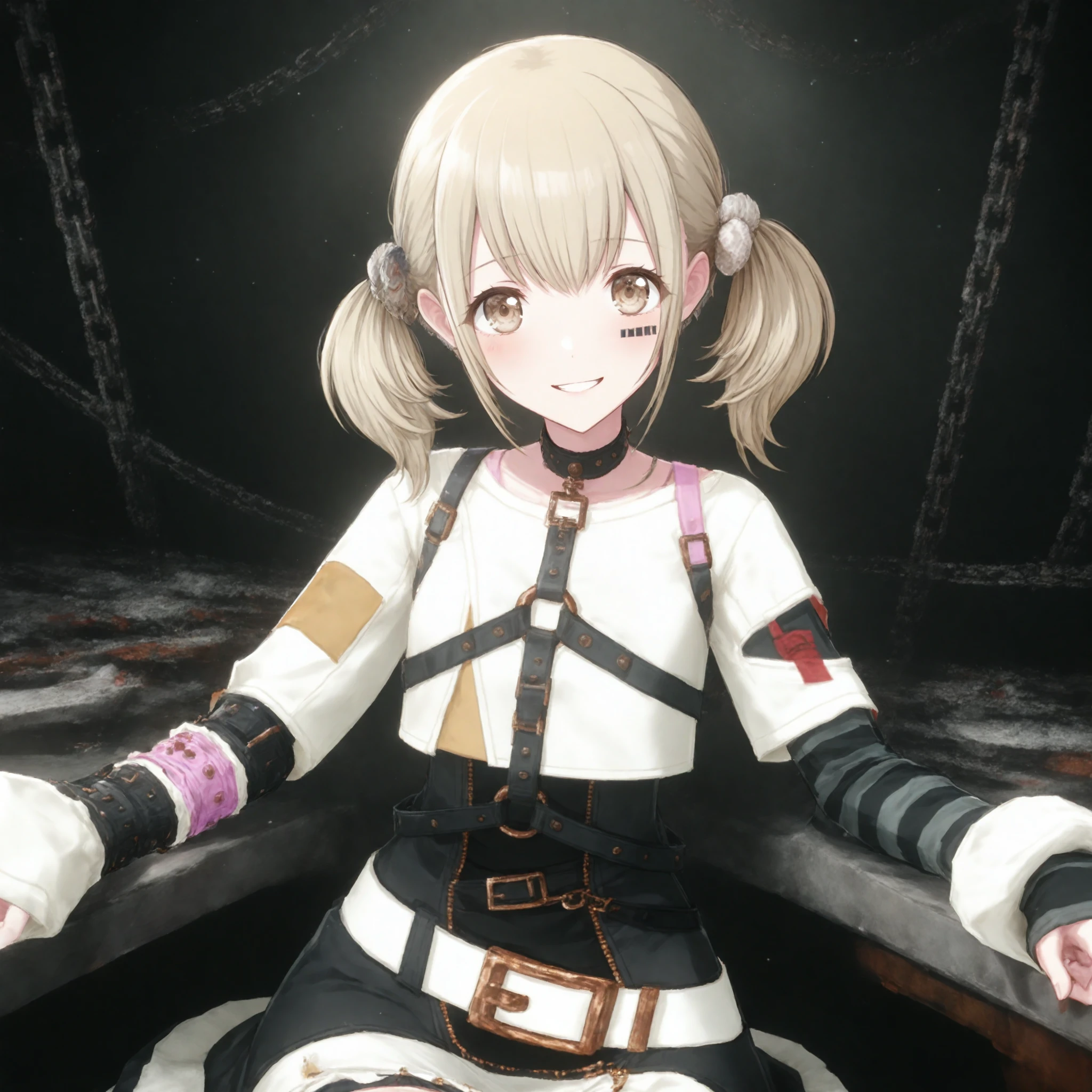 1girl, azusawa kohane, project sekai, solo,
flightkid, beige eyes, detailed eyes, four fingers and thumb,
looking at viewer, sitting, smiling, support arms, cowboy shot,
asymmetrical sleeves, white sleeve, long sleeve, black skirt, chain, striped sleeve, shirt, choker, black choker, gloves, zipper, white shirt, asymmetrical face tattoo, hair ornaments,
dark, midnight, ruin, mechanical, gear, glowing, cinematic lighting, ray tracing,
nijistyle, jwst, masterpiece, best quality, amazing quality, very aesthetic, highres, ultra detailed,
<lora:hand 5.5:1>, <lora:ObIL-style-nijistyle02:0.6>, <lora:ObIL-vbs-HitsujiKh03:0.7>, <lora:ObIL-style-JWST01:0.4>