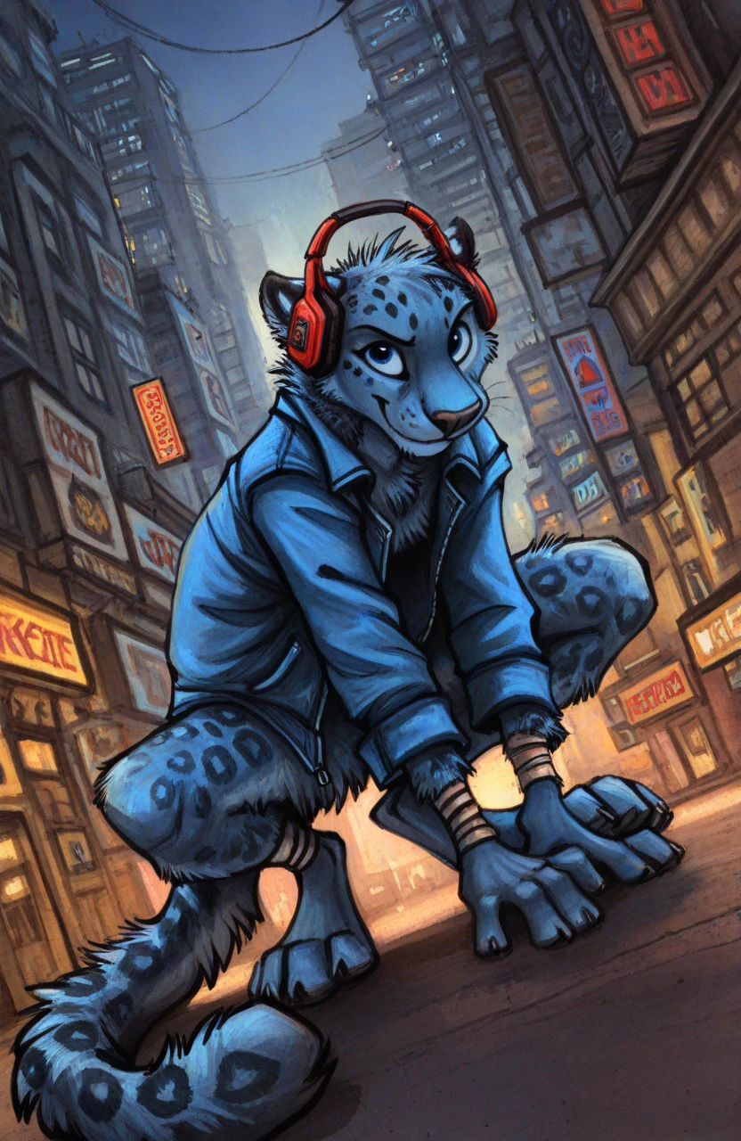 Kenket,
masterpiece, best quality, amazing quality, very aesthetic, absurdres, newest, leopard, blue fur, 1boy, solo, furry male, blue eyes, two-tone fur, open turquoise jacket, bandages, wired headphones, squatting, looking at viewer, dutch angle, city background,neon,
<lora:Kenket_-_Art_Style:1>,