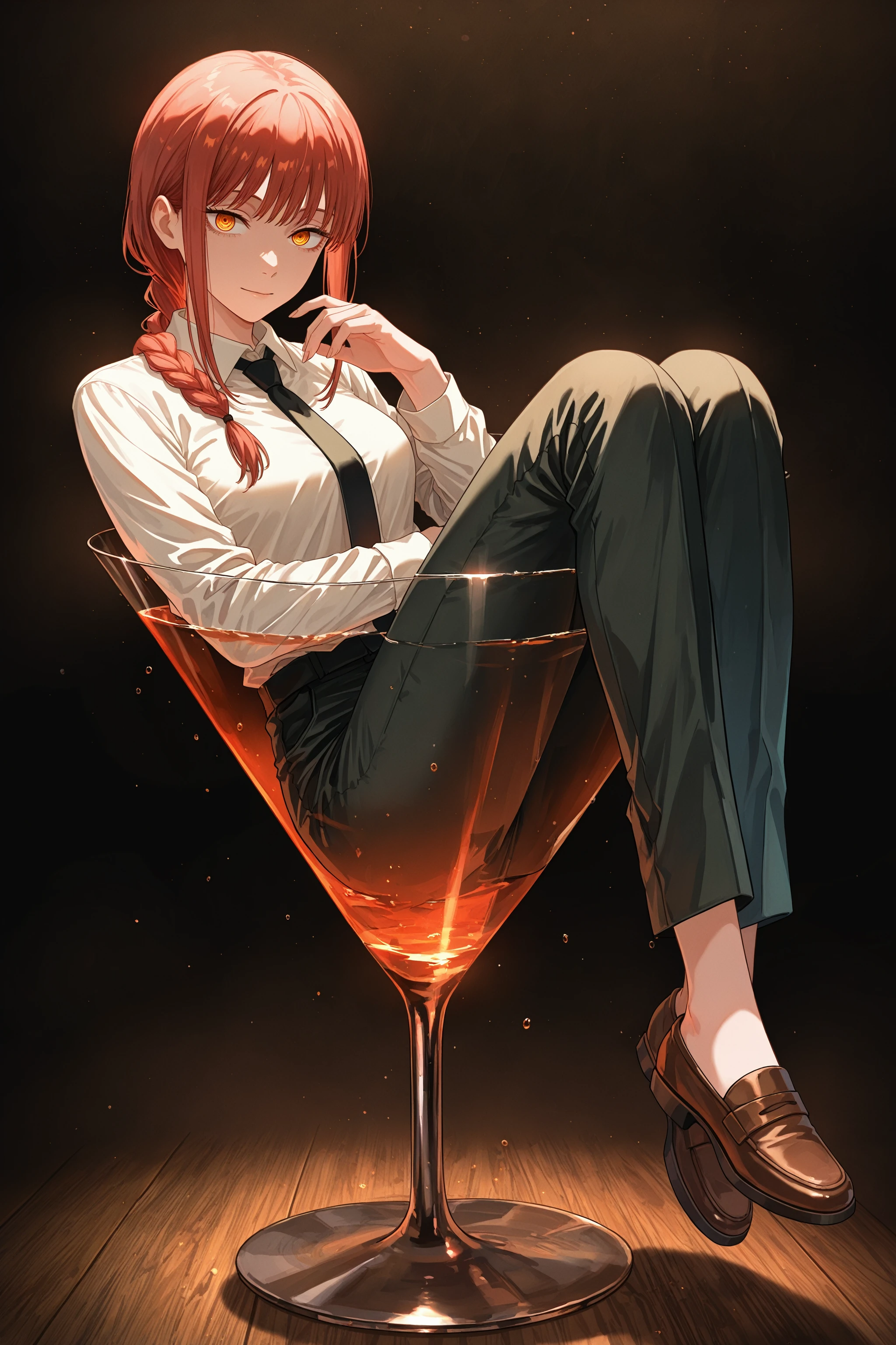 masterpiece, best quality, absurdres, safe
1girl, in cup, cocktail glass, drinking glass, makima \(chainsaw man\), simple background, full body, partially submerged,
<lora:in_cup_il_4_d16:1>