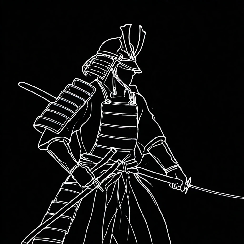 <lora:Elegant_Minimalist_Line_ArtIllustrious:1> Elegant Minimalist Line Art, The image shows a black and white line drawing of a samurai holding a sword against a dark background., monochrome, weapon, solo, sword, armor, greyscale, helmet, samurai, japanese armor, katana
